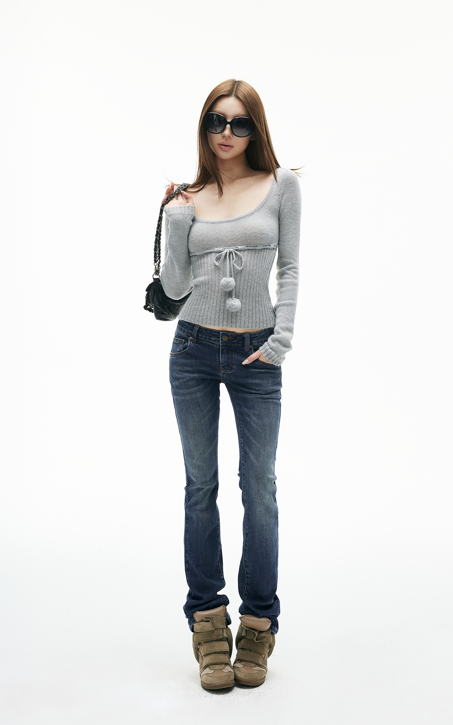 IAMXIAA Drawstring Ribbed Knit Long Sleeve Top