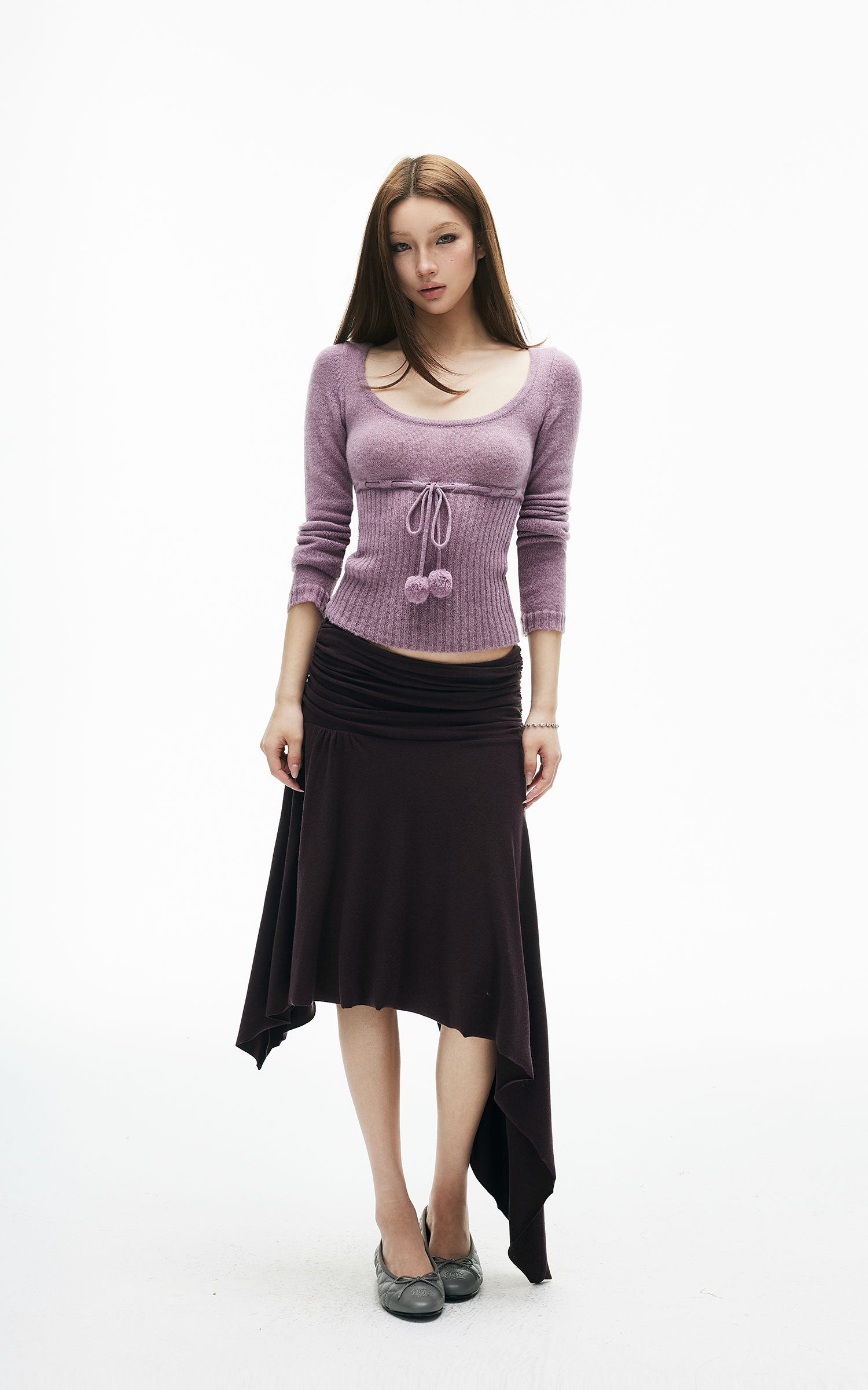 IAMXIAA Drawstring Ribbed Knit Long Sleeve Top