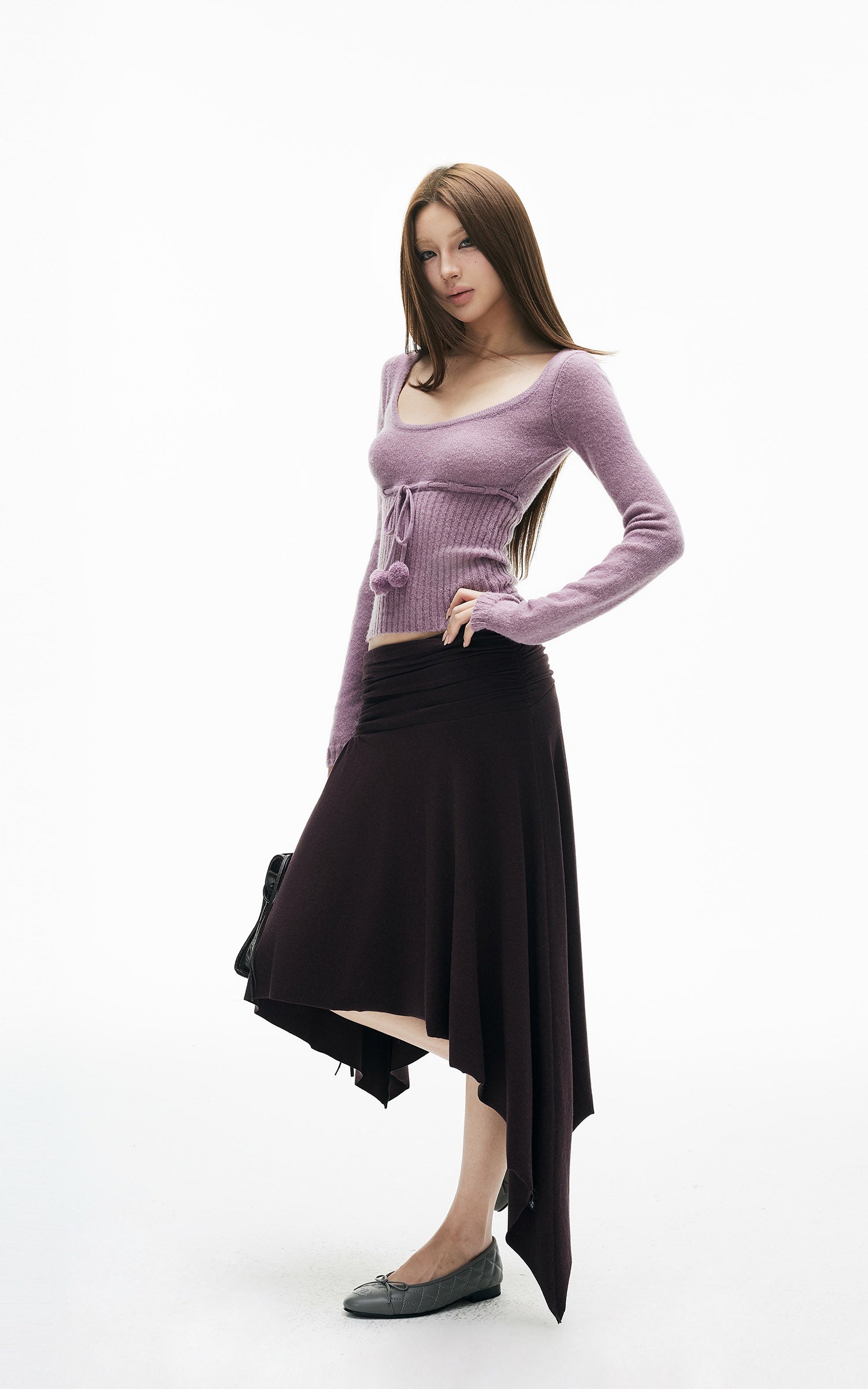 IAMXIAA Drawstring Ribbed Knit Long Sleeve Top