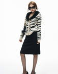 IAMXIAA Zebra Pattern Faux Fur Collar Knit Cardigan