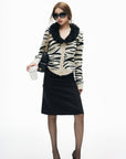 IAMXIAA Zebra Pattern Faux Fur Collar Knit Cardigan
