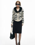 IAMXIAA Zebra Pattern Faux Fur Collar Knit Cardigan