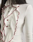 DOINDULGE Asymmetric Ruffled High-Neck Fitted Shirt