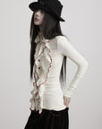 DOINDULGE Asymmetric Ruffled High-Neck Fitted Shirt