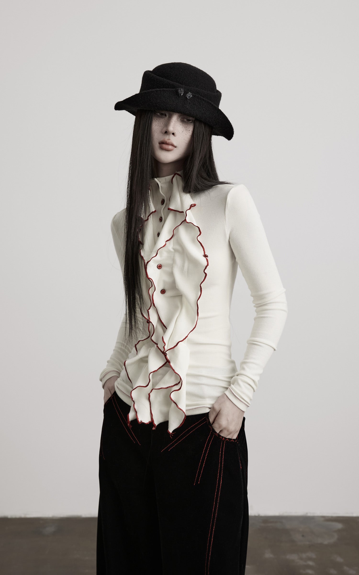 DOINDULGE Asymmetric Ruffled High-Neck Fitted Shirt