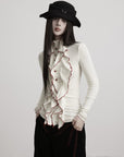 DOINDULGE Asymmetric Ruffled High-Neck Fitted Shirt