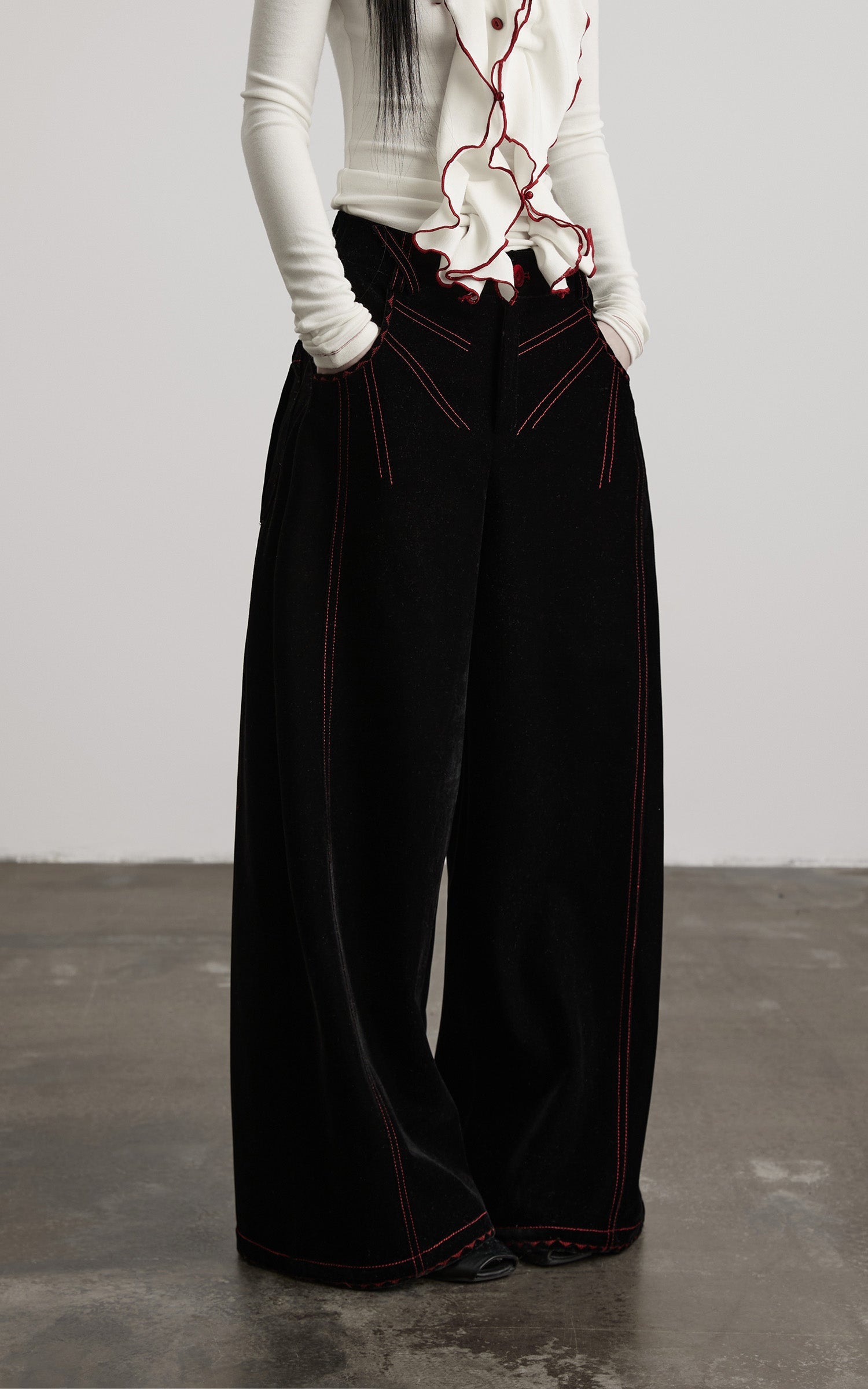 DOINDULGE Contrast-Stitch Wide-Leg Trousers