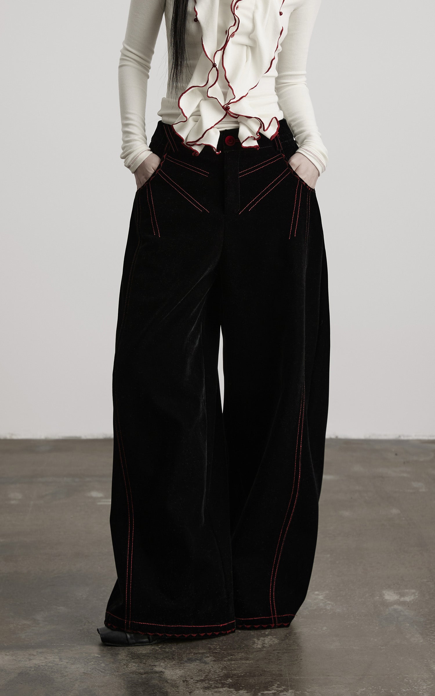 DOINDULGE Contrast-Stitch Wide-Leg Trousers