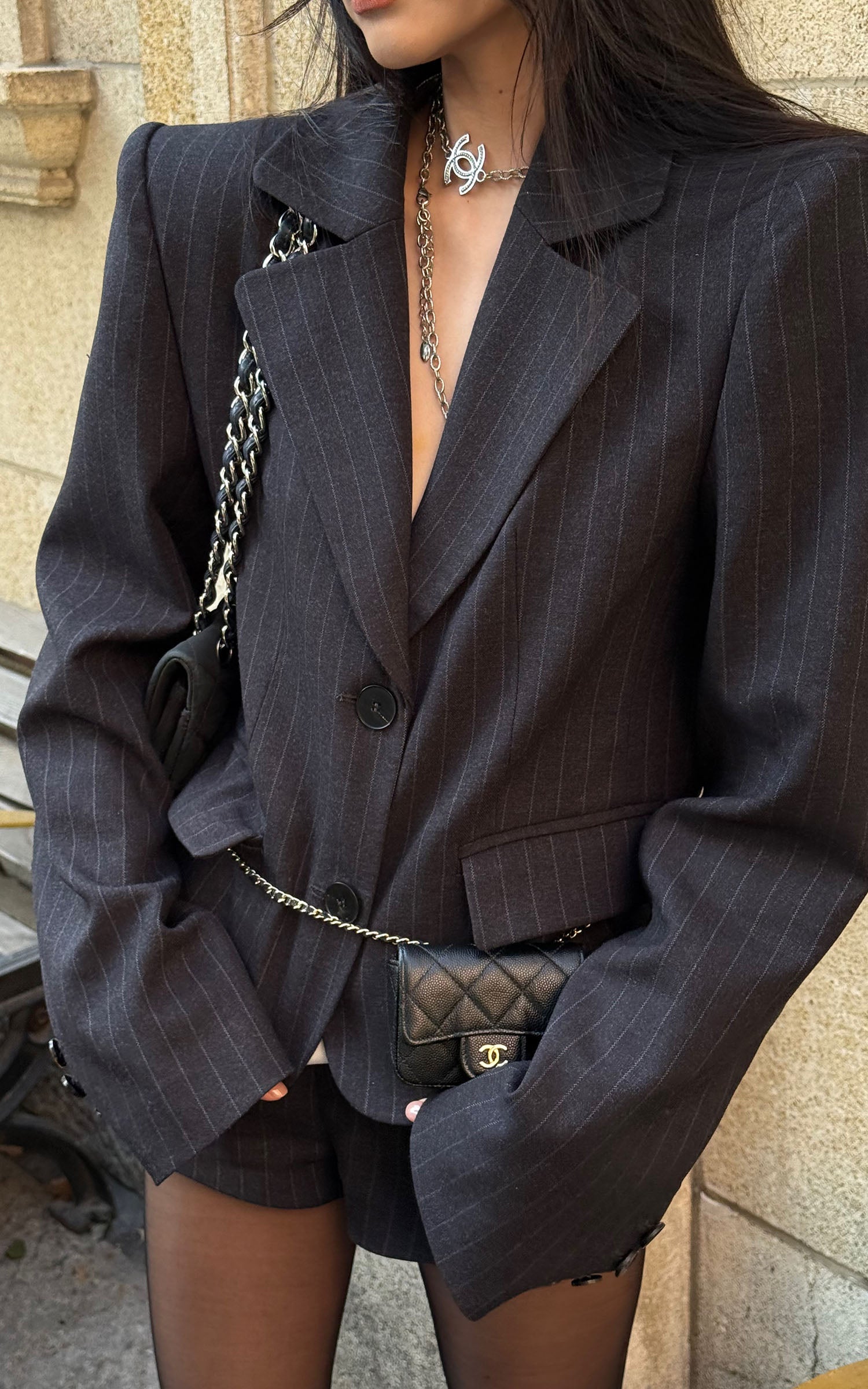 WARDEN EDGE 핀스트라이프 테일러드 블레이저 &amp; 쇼츠 세트