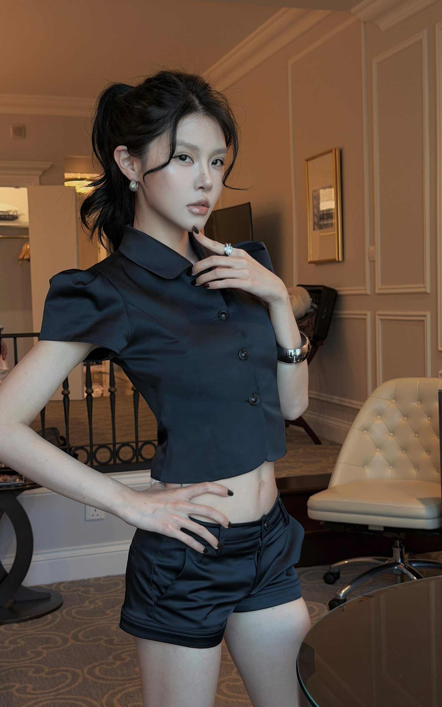 Hydrae Sculpted Satin Shirt &amp; Low Rise Shorts Set
