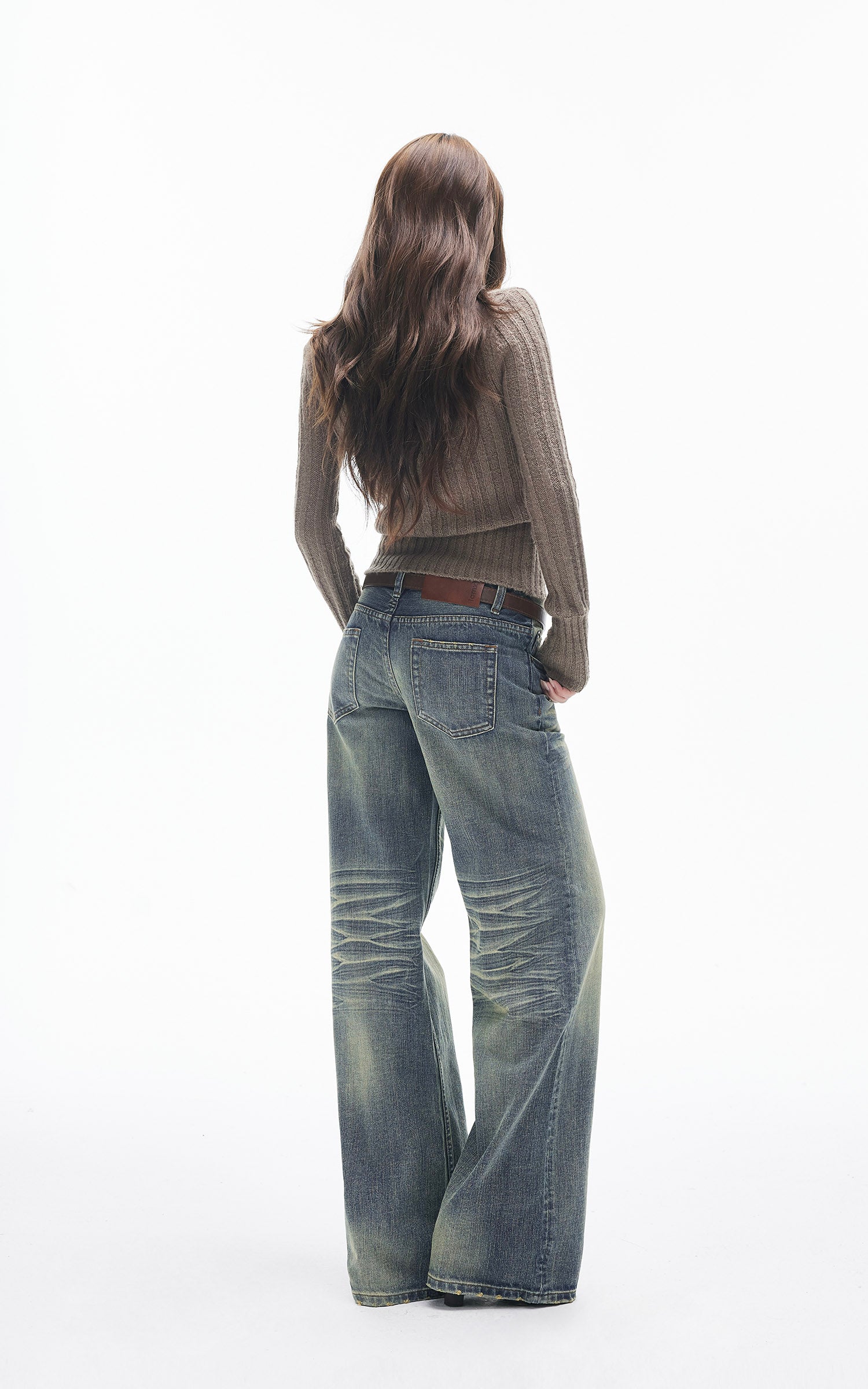 ヴィンテージウォッシュ ストレートフレアデニムジーンズ