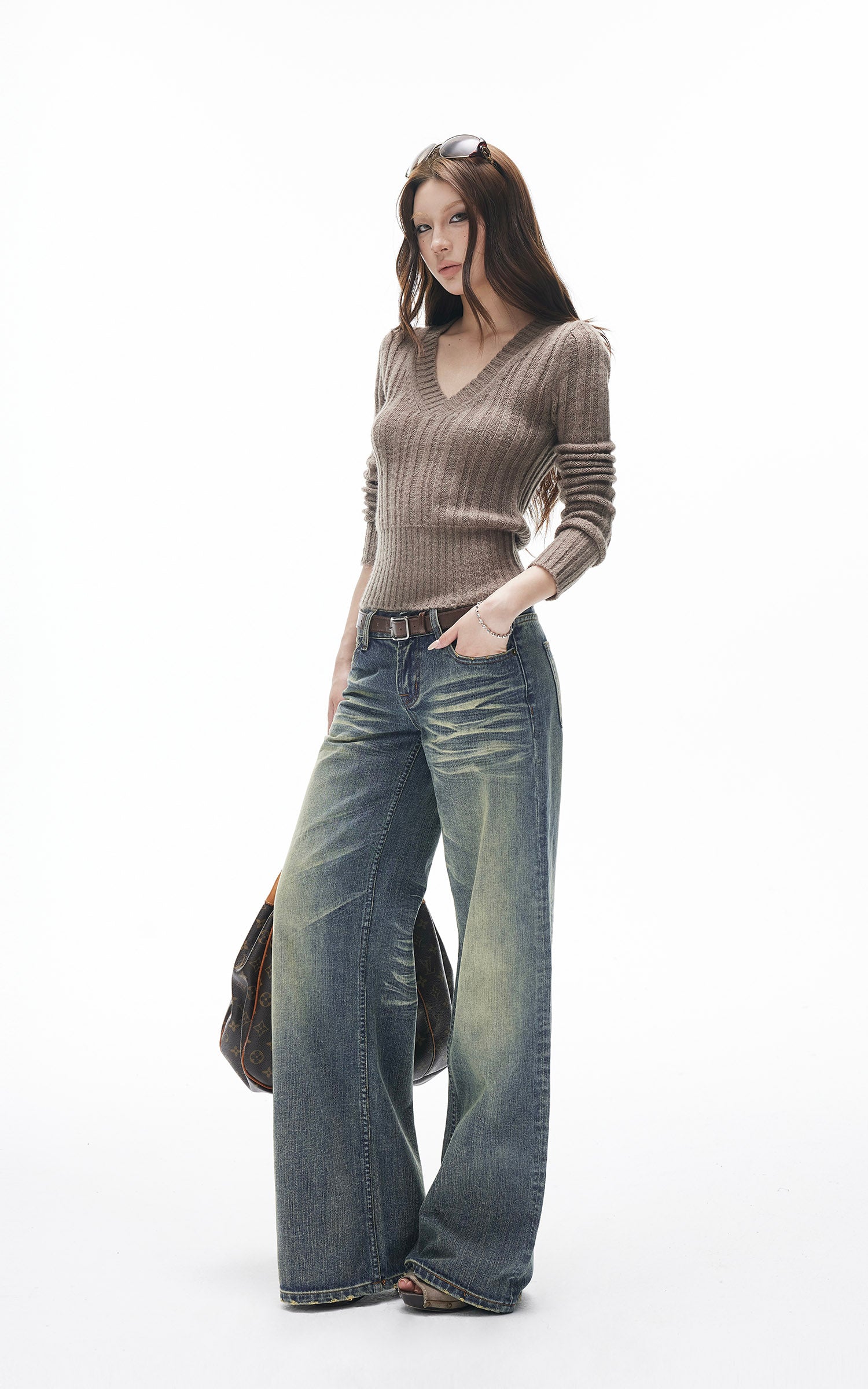 ヴィンテージウォッシュ ストレートフレアデニムジーンズ