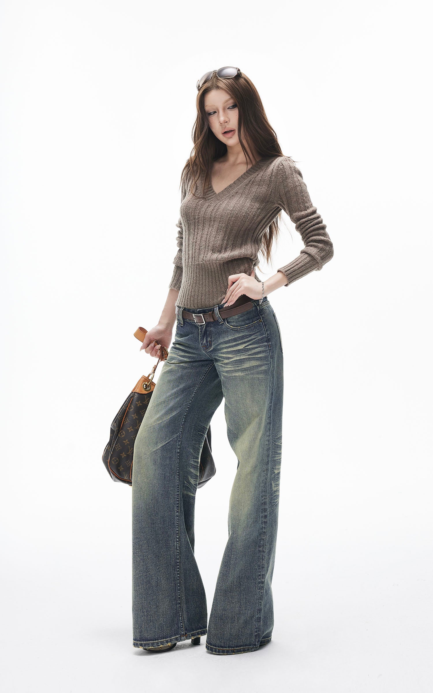 Haut en maille côtelée à col en V ajusté