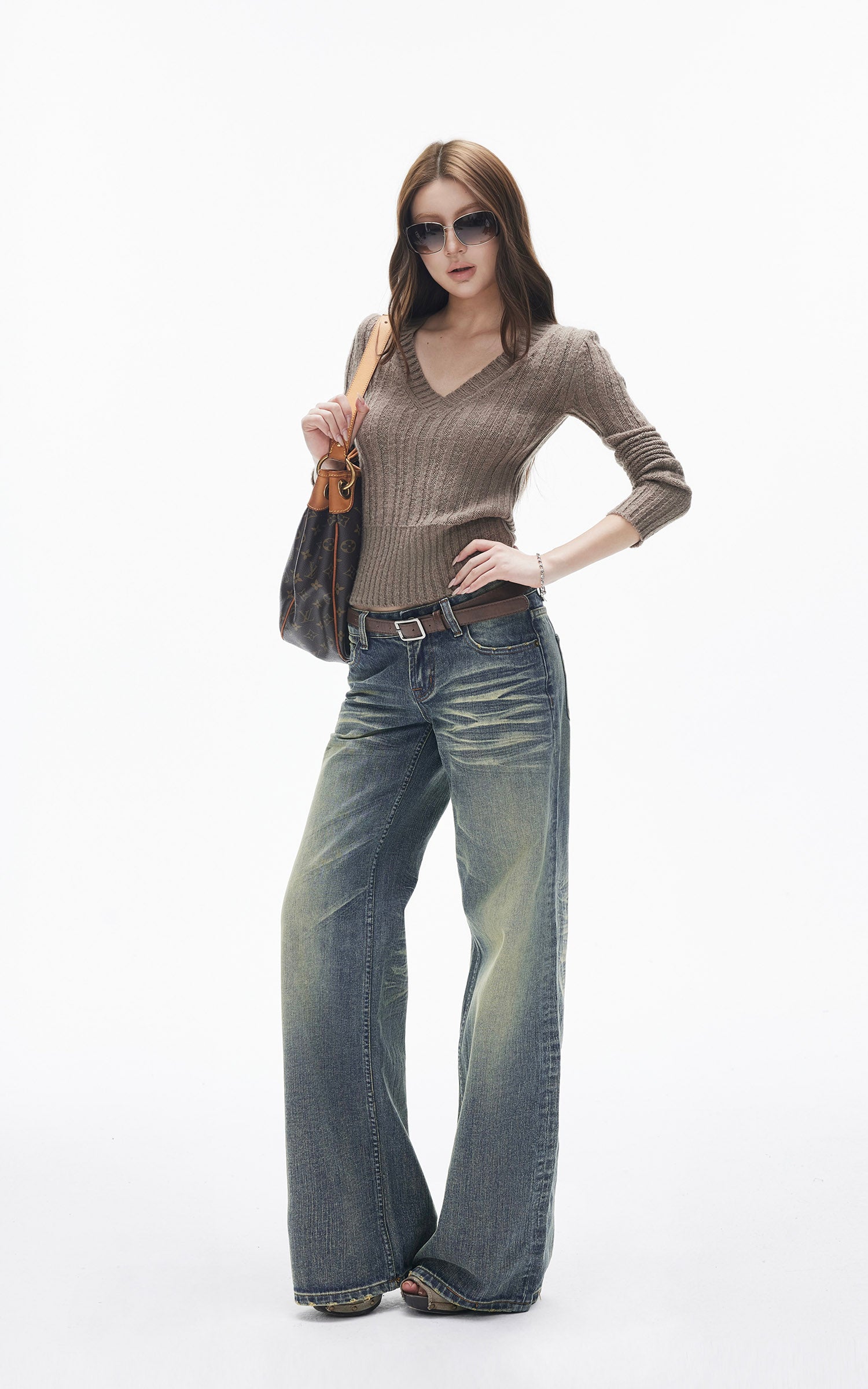 ヴィンテージウォッシュ ストレートフレアデニムジーンズ