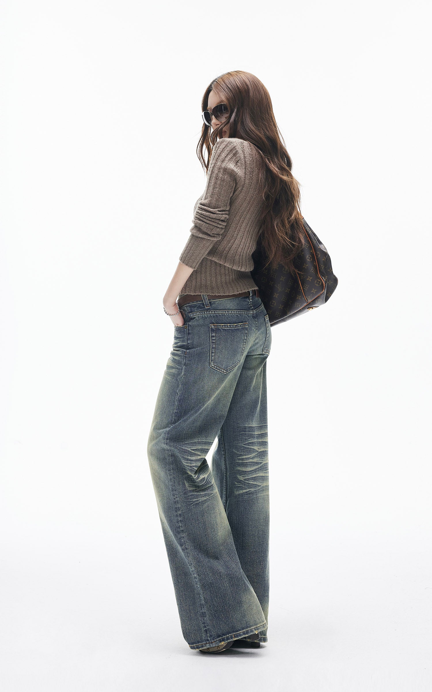 ヴィンテージウォッシュ ストレートフレアデニムジーンズ