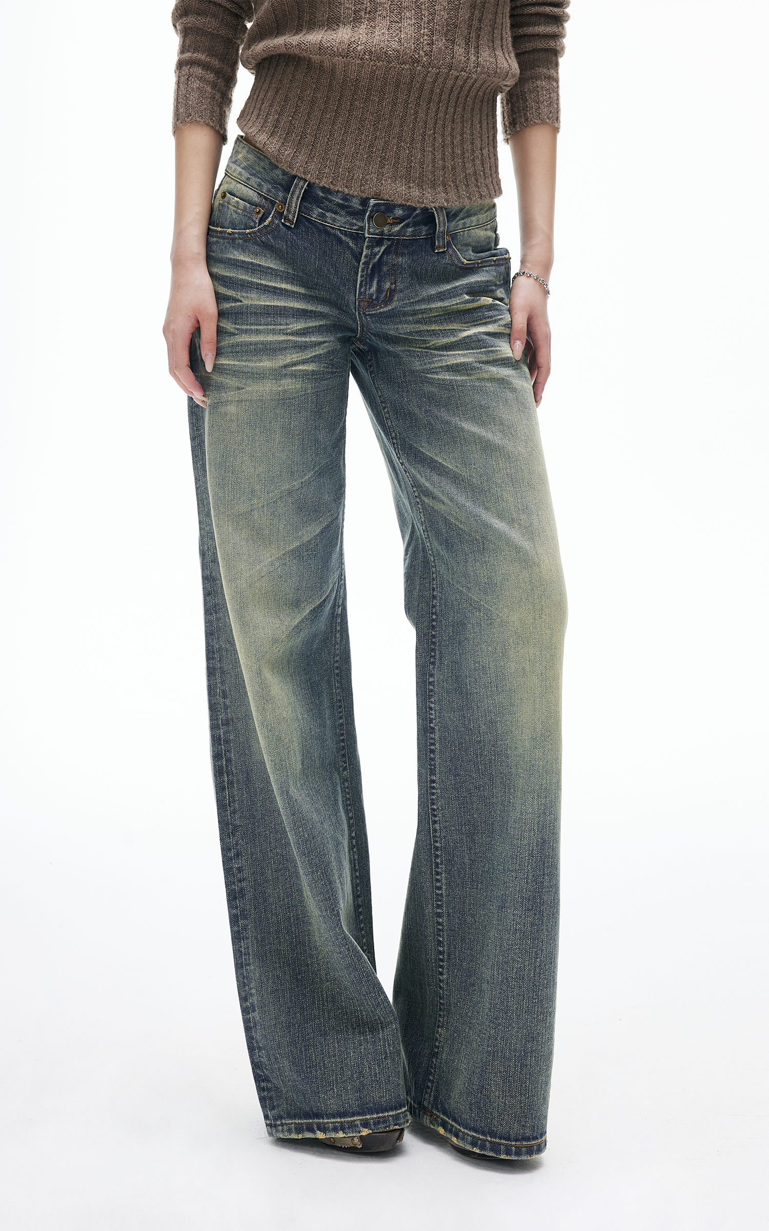 ヴィンテージウォッシュ ストレートフレアデニムジーンズ