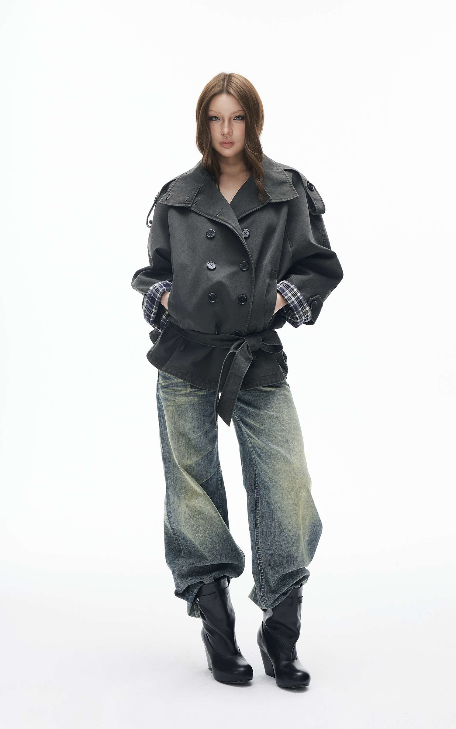 IAMXIAA 빈티지 유틸리티 더블브레스트 하이넥 트렌치 자켓