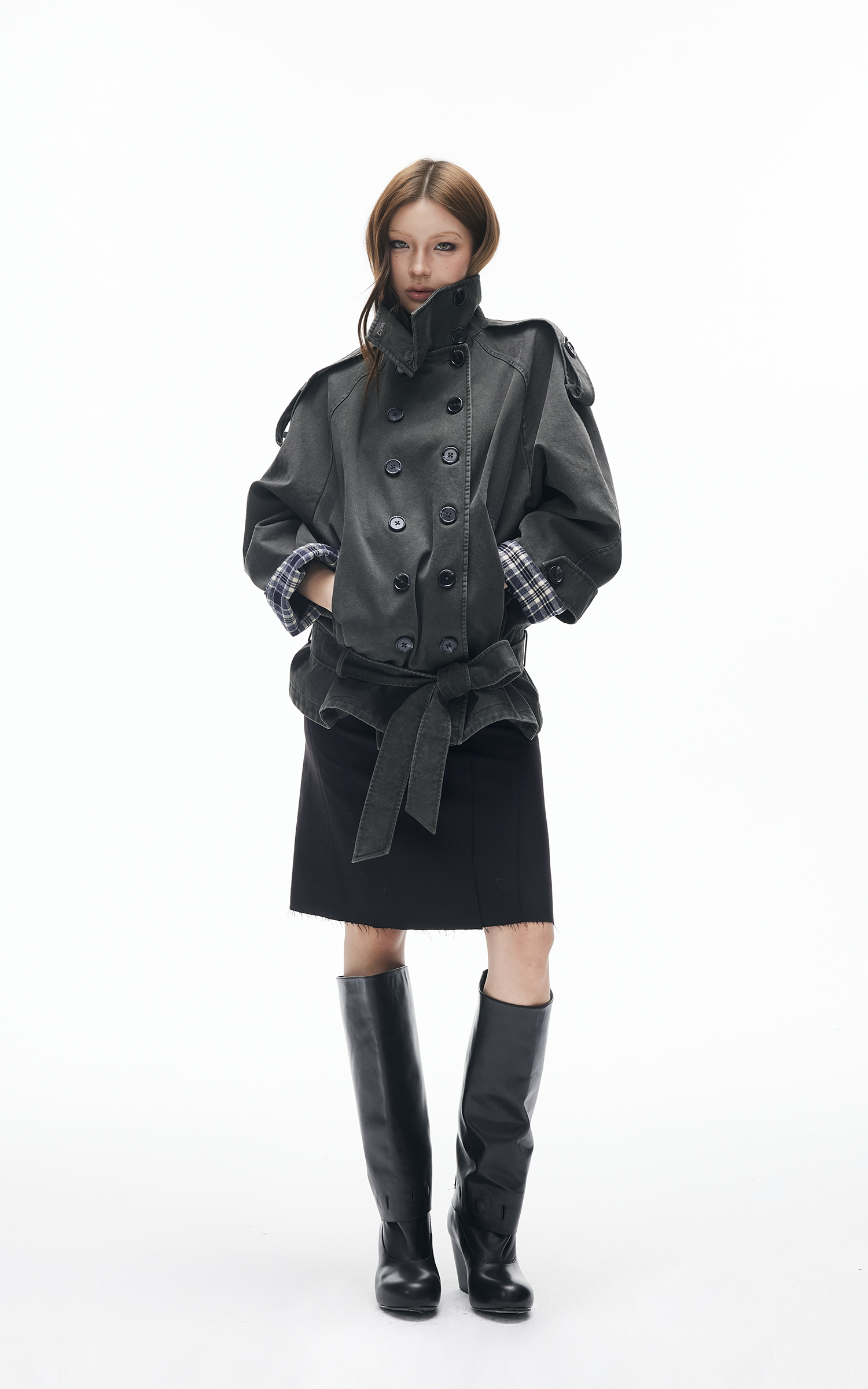 IAMXIAA 빈티지 유틸리티 더블브레스트 하이넥 트렌치 자켓