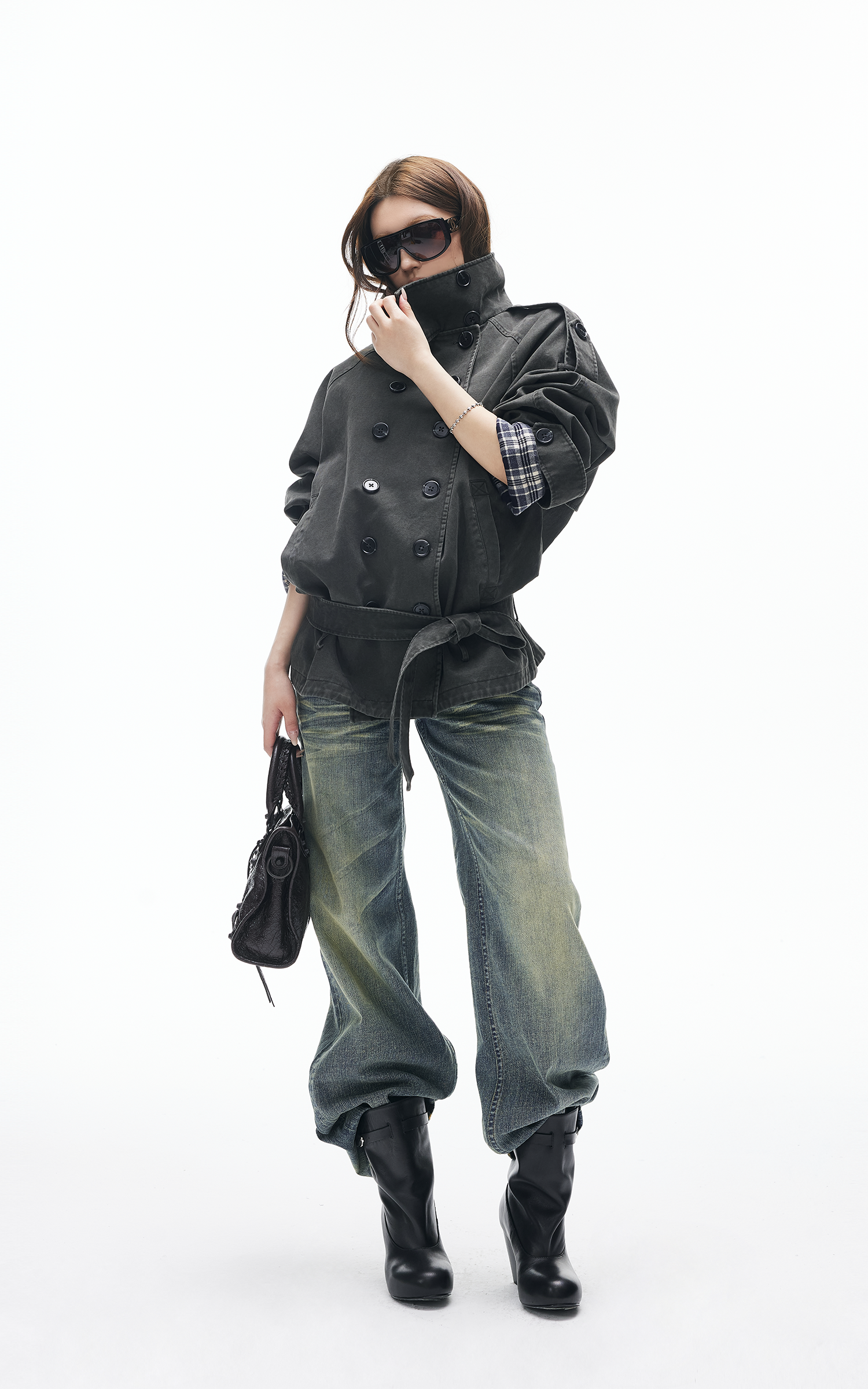 IAMXIAA 빈티지 유틸리티 더블브레스트 하이넥 트렌치 자켓