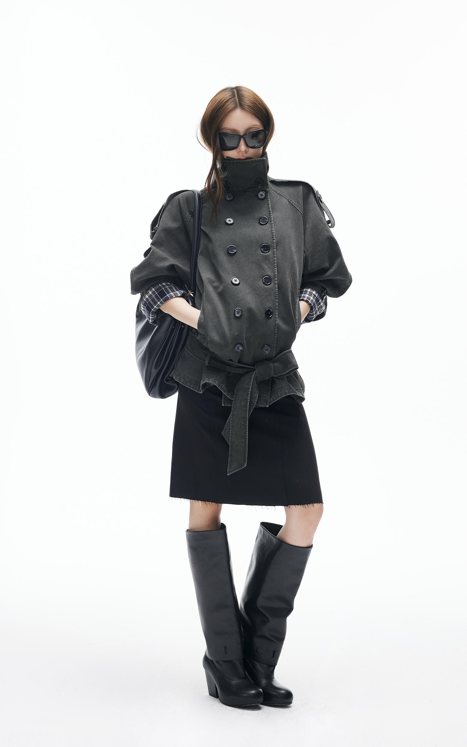 IAMXIAA 빈티지 유틸리티 더블브레스트 하이넥 트렌치 자켓