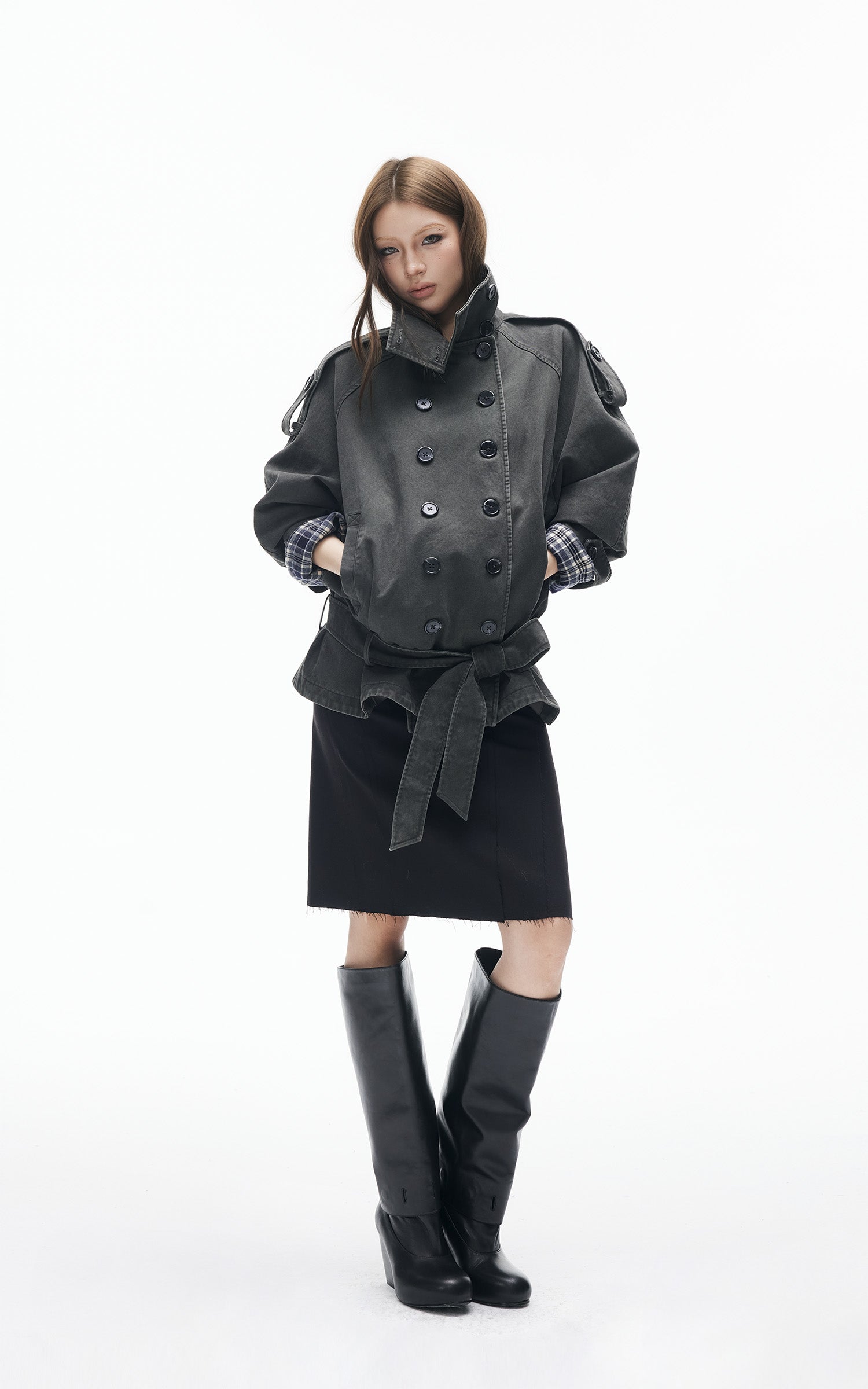 IAMXIAA Veste trench vintage à double boutonnage et col montant