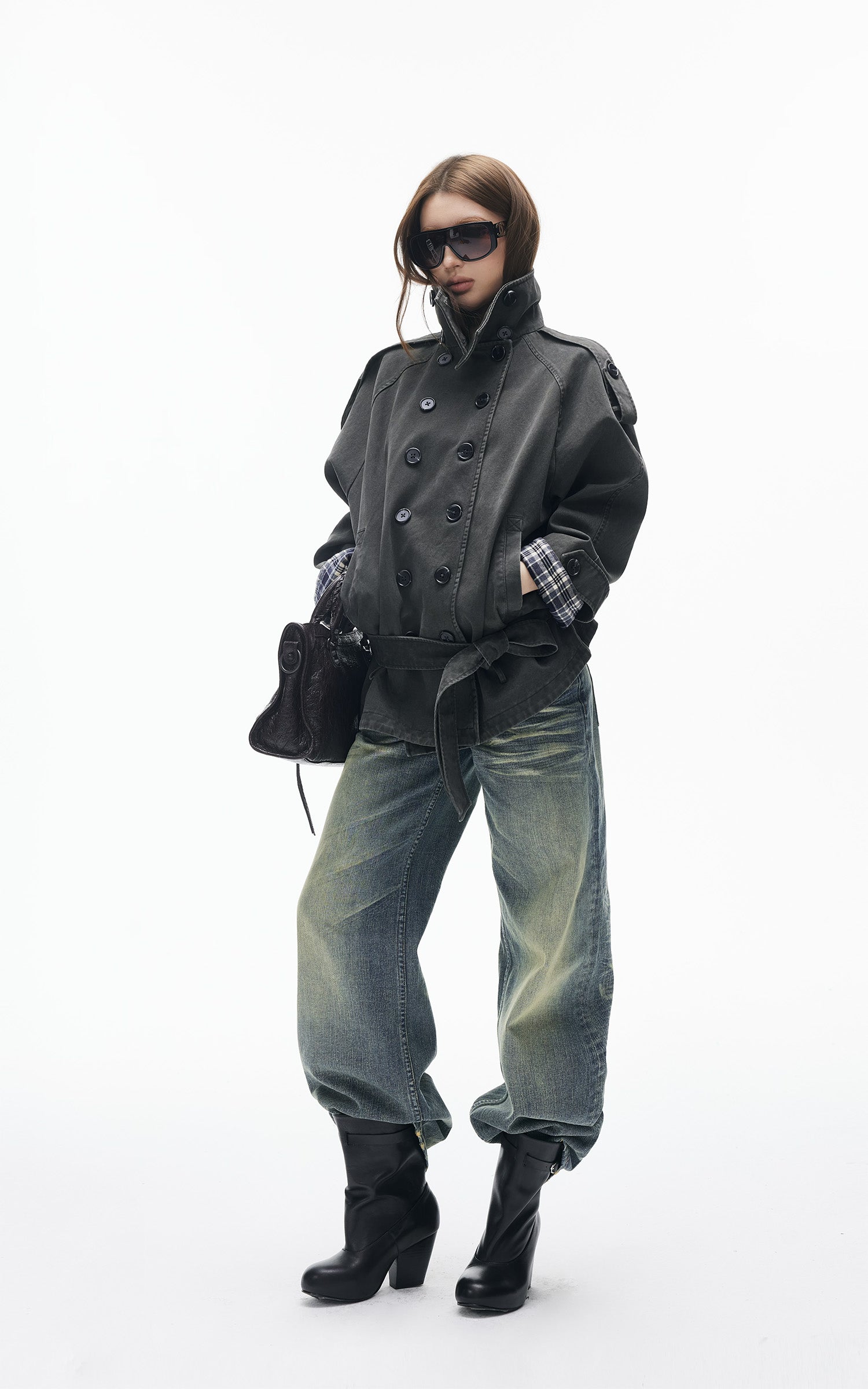 IAMXIAA Veste trench vintage à double boutonnage et col montant