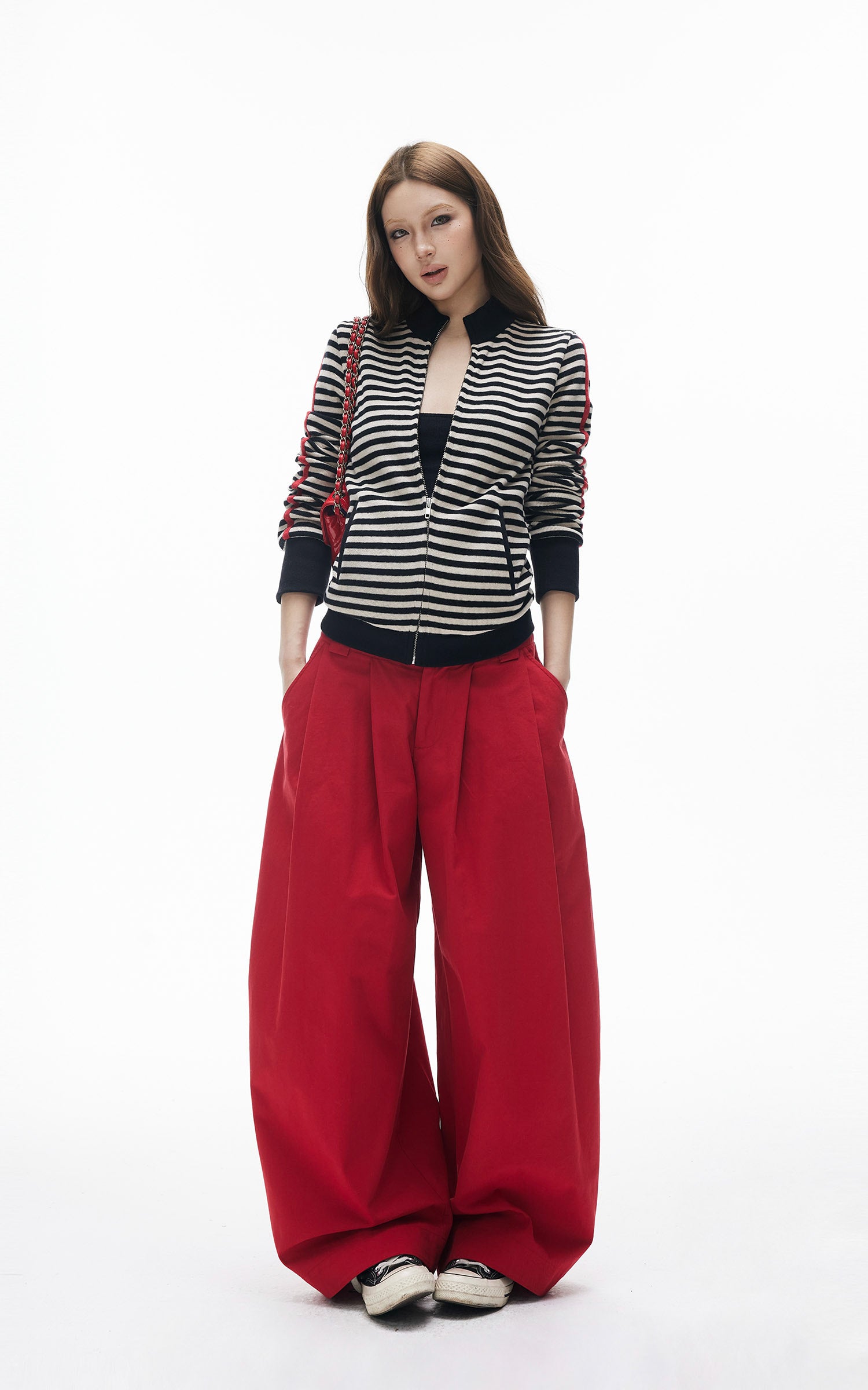 IAMXIAA Pantalon large plissé taille haute