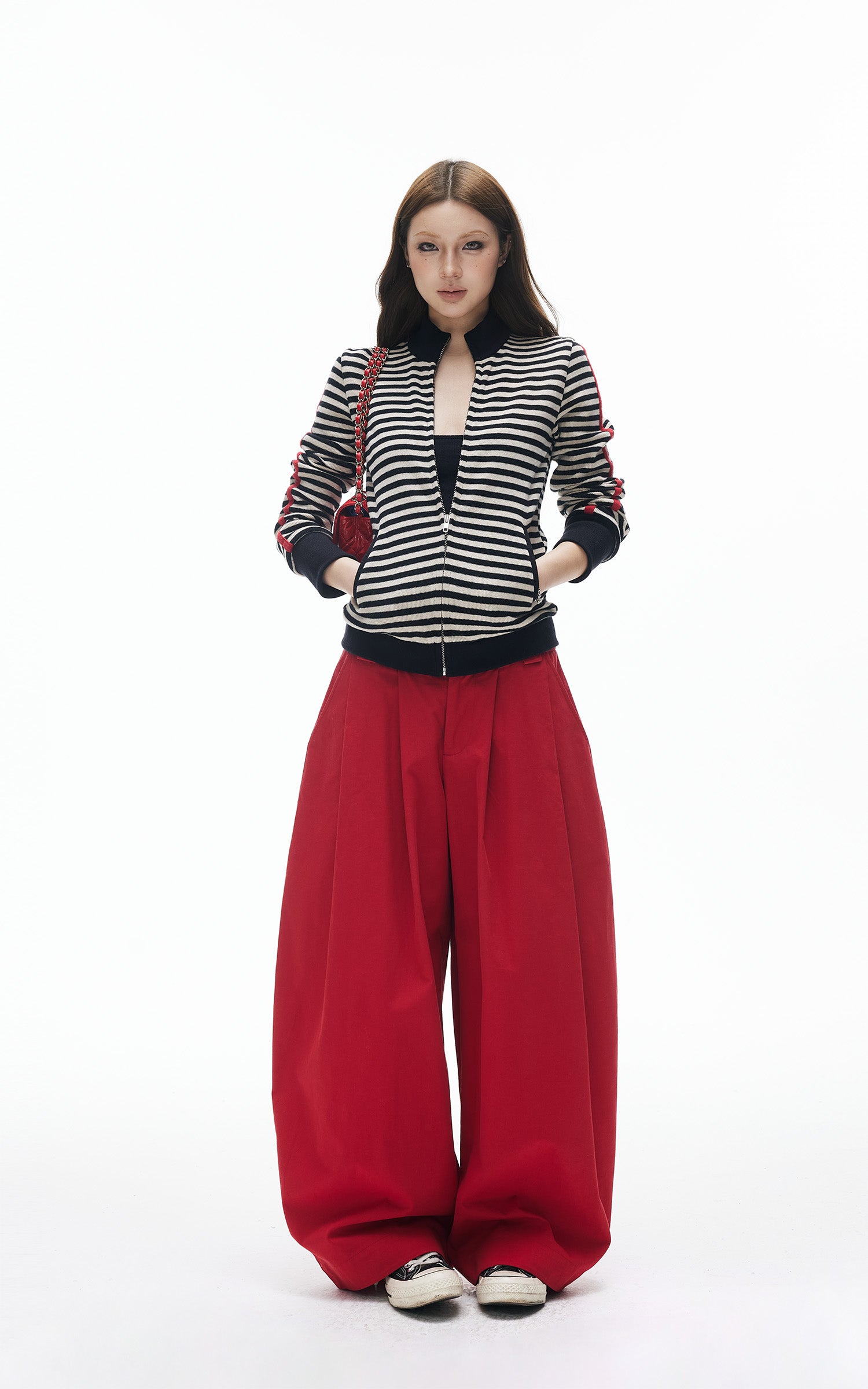 IAMXIAA Pantalon large plissé taille haute
