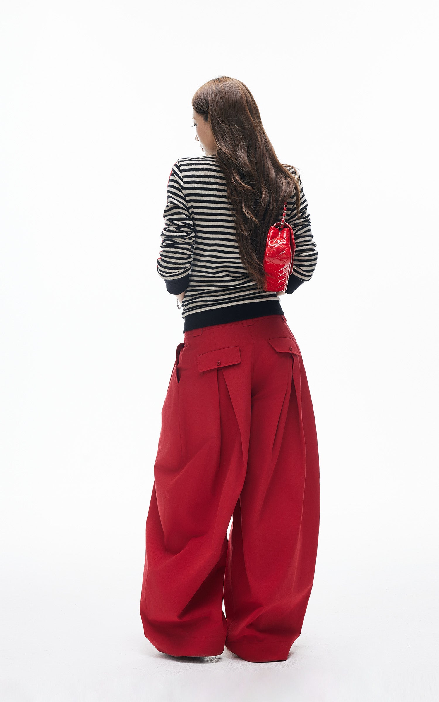 IAMXIAA Pantalon large plissé taille haute