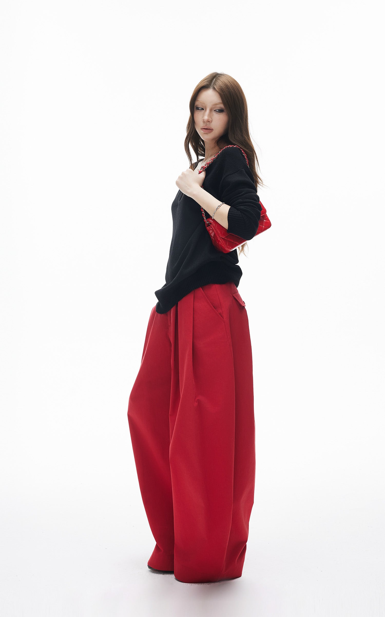 IAMXIAA Pantalon large plissé taille haute