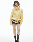 IAMXIAA Asymmetric Button High-Neck Fuzzy Knit Sweater