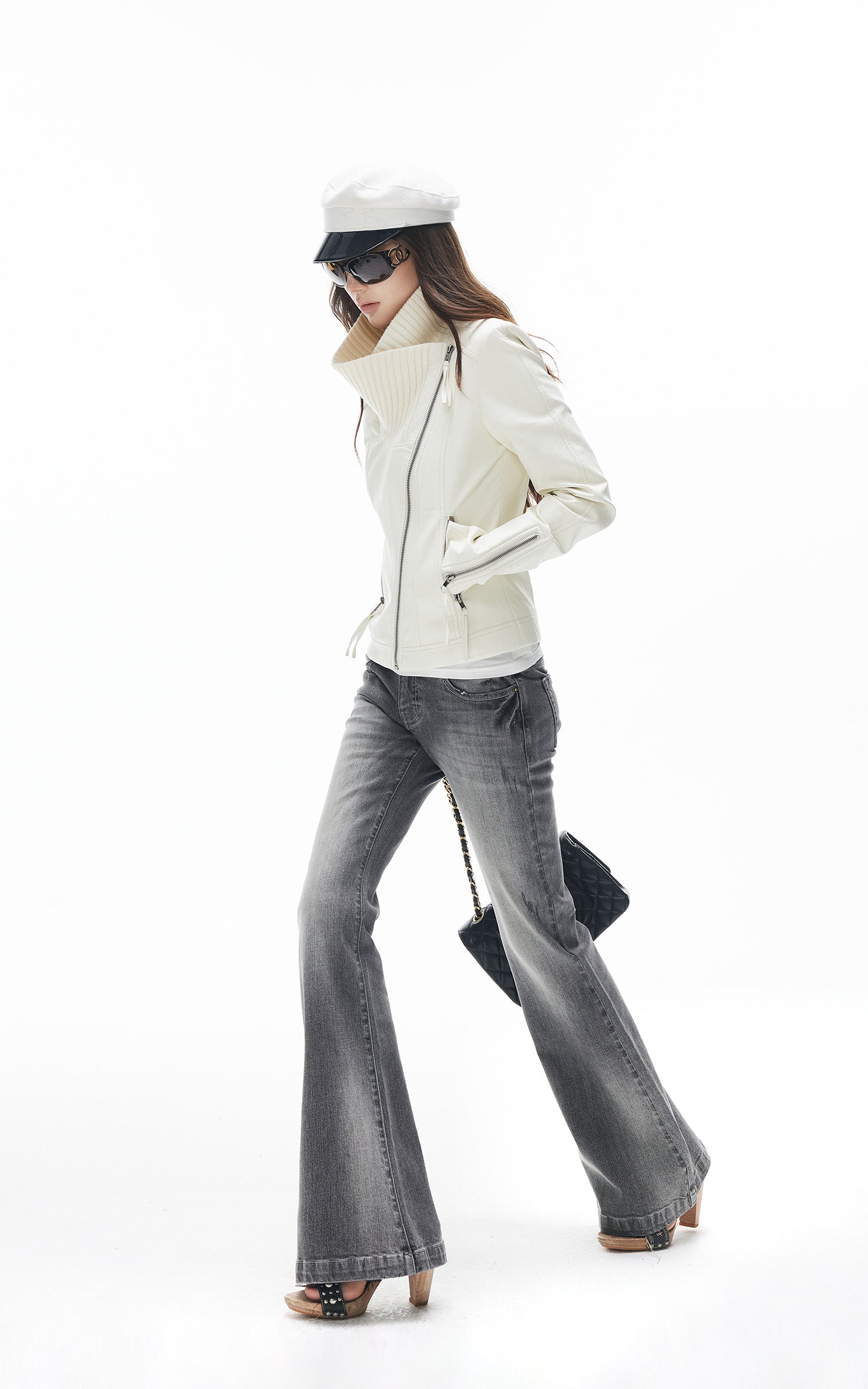 IAMXIAA Veste biker ajustée avec col en maille et zip asymétrique