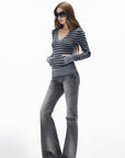 IAMXIAA Pull en maille à rayures col en V avec poches avant