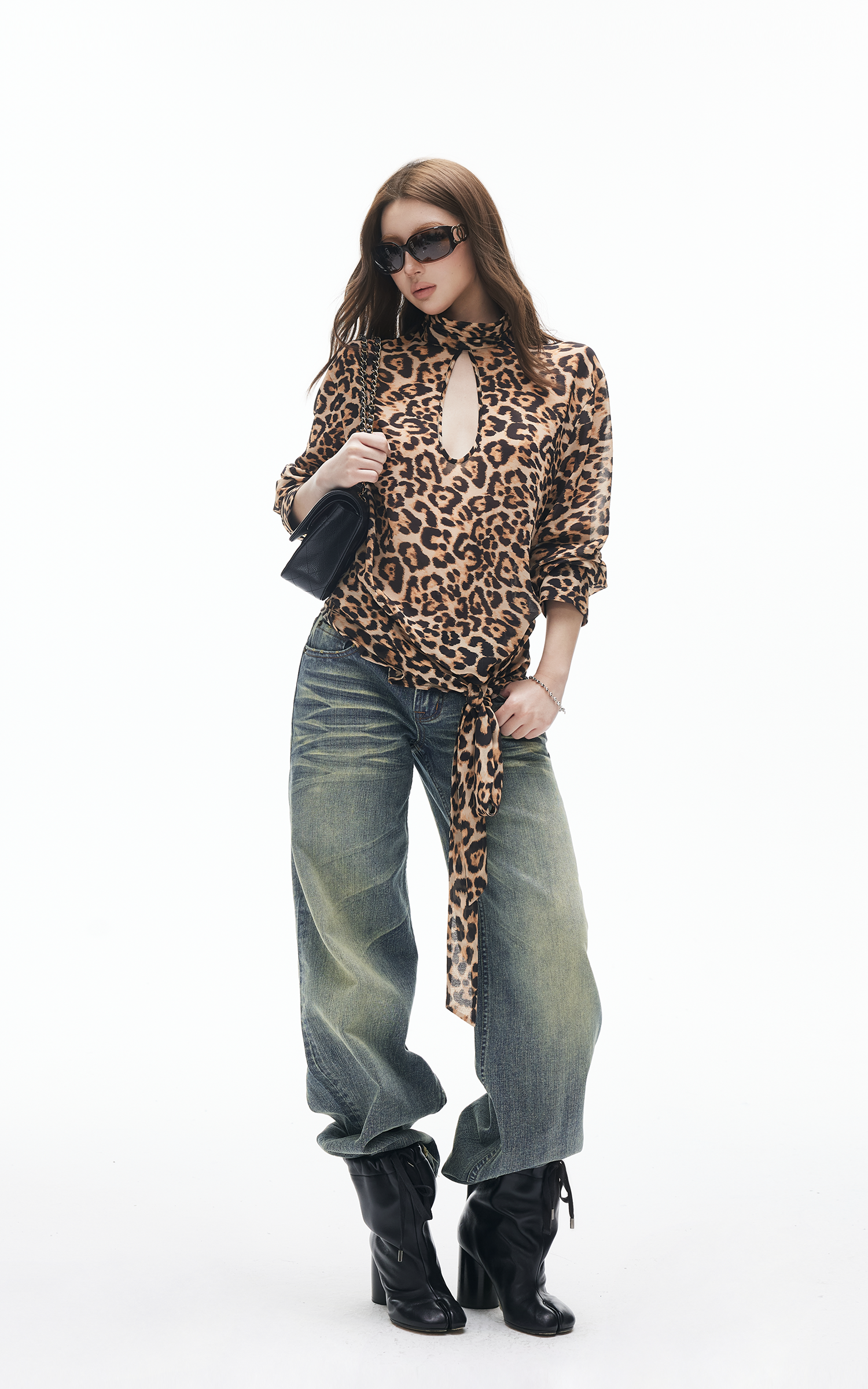 IAMXIAA Leopard Print Cut-Out Tie Detail Top