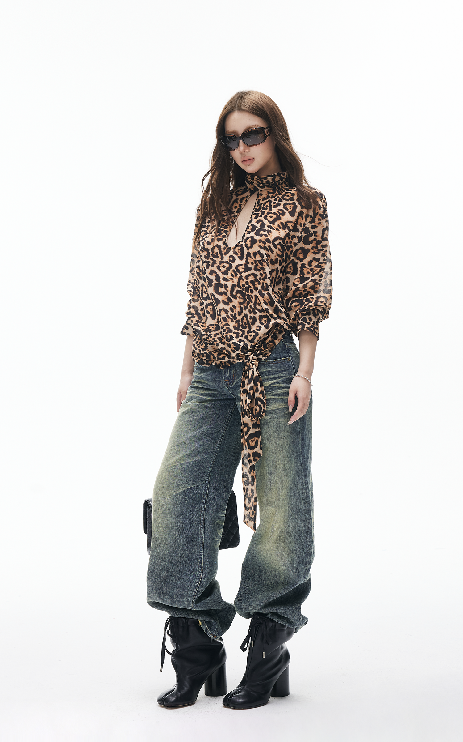 IAMXIAA Leopard Print Cut-Out Tie Detail Top