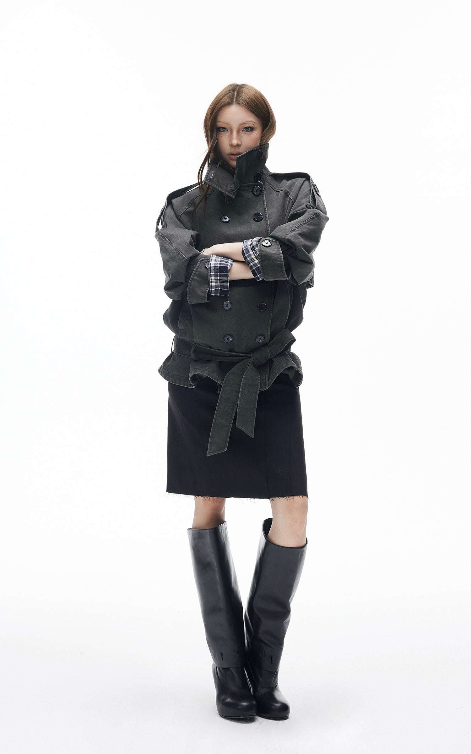 IAMXIAA 빈티지 유틸리티 더블브레스트 하이넥 트렌치 자켓