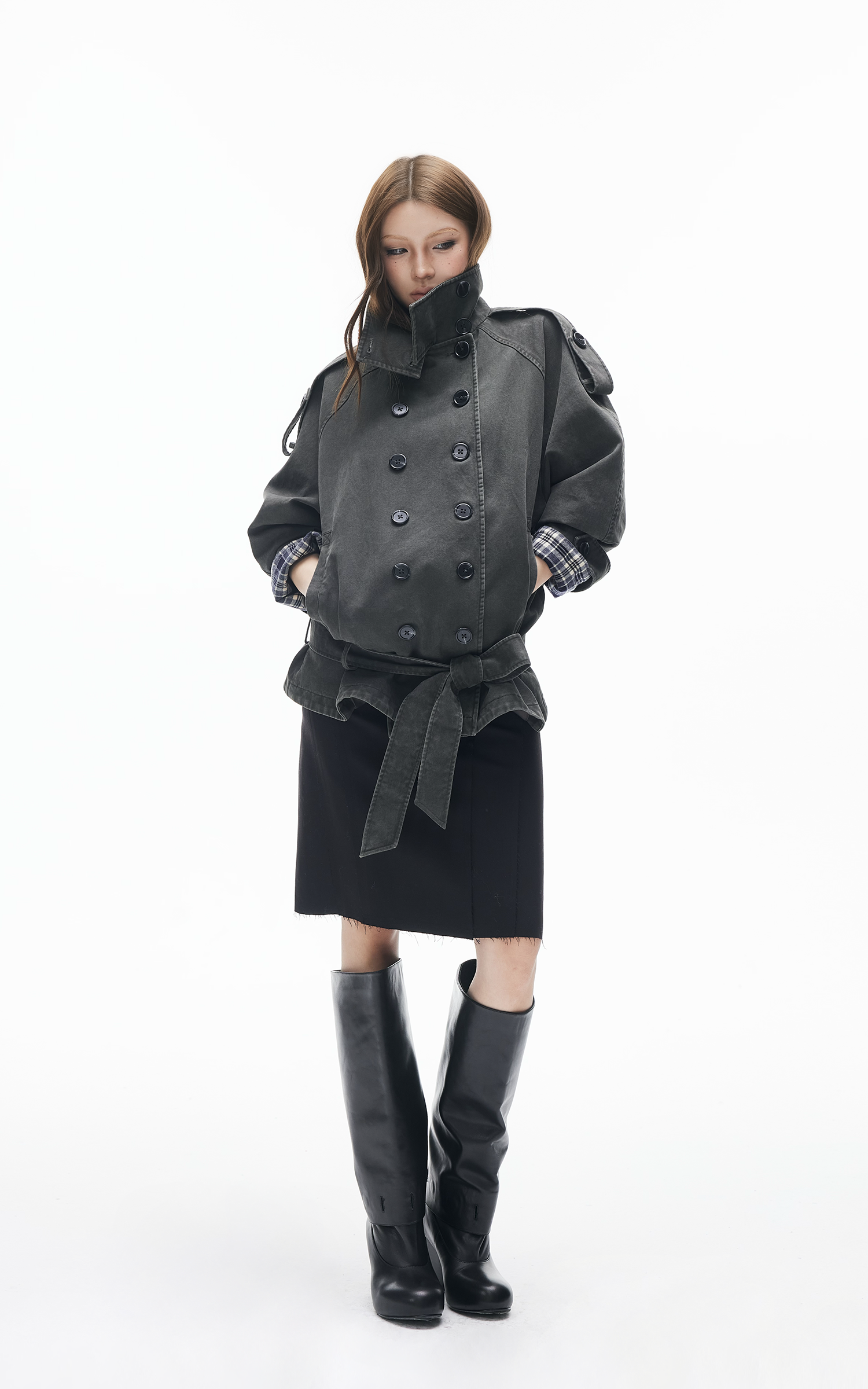 IAMXIAA 빈티지 유틸리티 더블브레스트 하이넥 트렌치 자켓