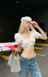 Rase le sol Lace-Trimmed Puff Sleeve Crop Top - PINKPARKS