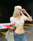 Rase le sol Lace-Trimmed Puff Sleeve Crop Top - PINKPARKS