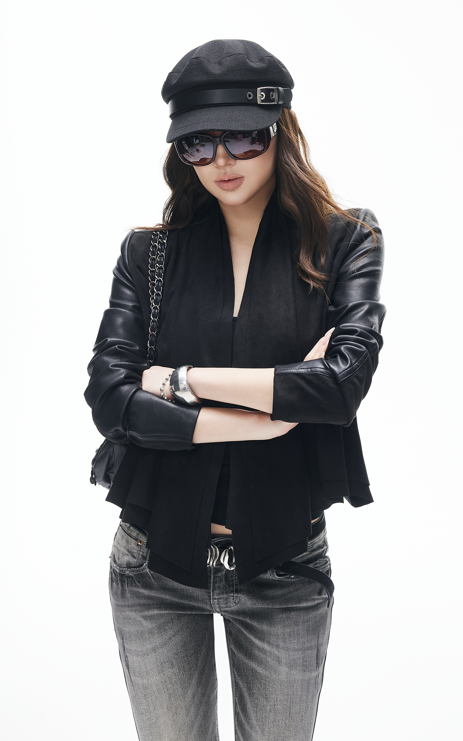 IAMXIAA Veste trench courte à panneaux drapés avec manches en cuir