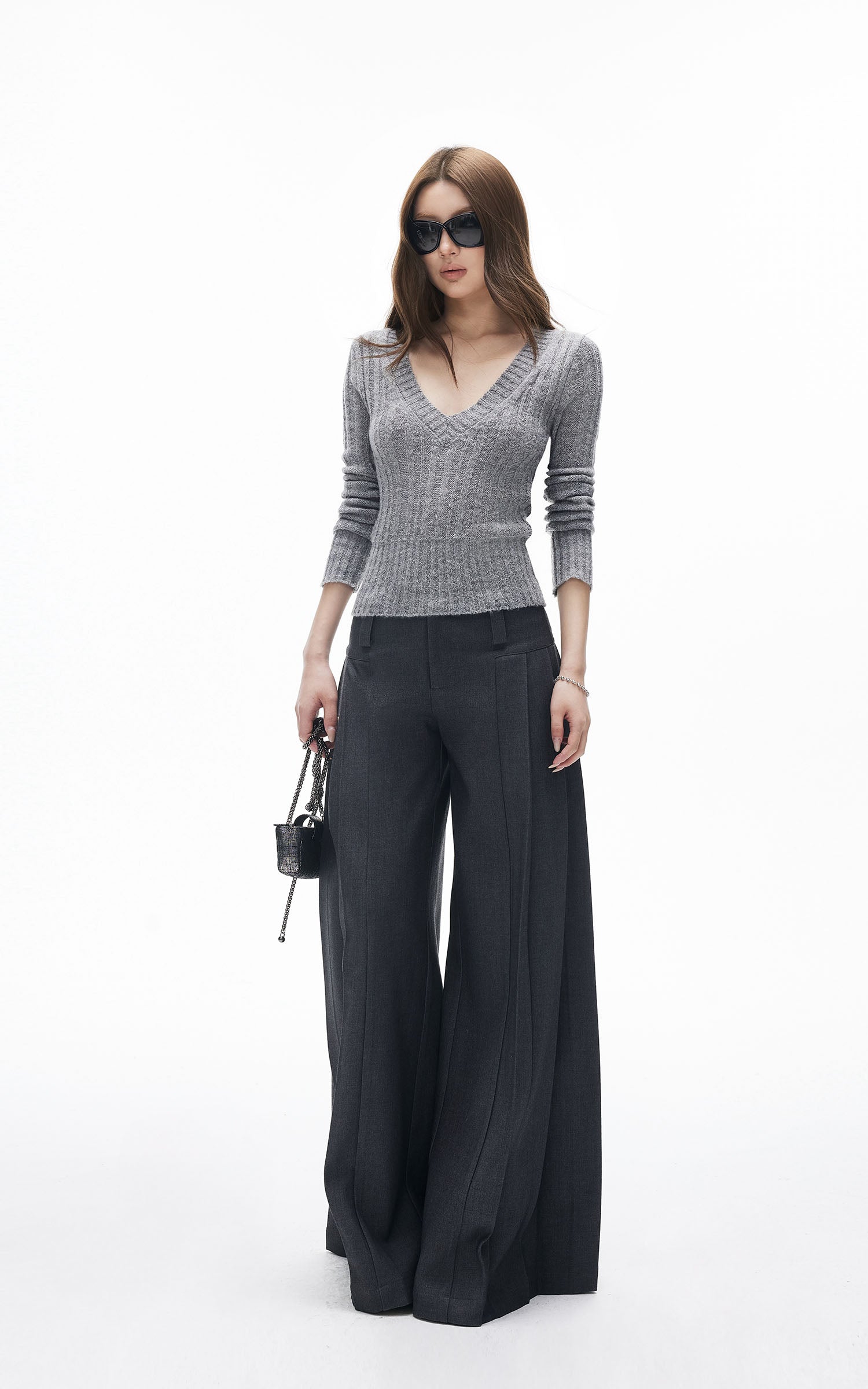 Haut en maille côtelée à col en V ajusté