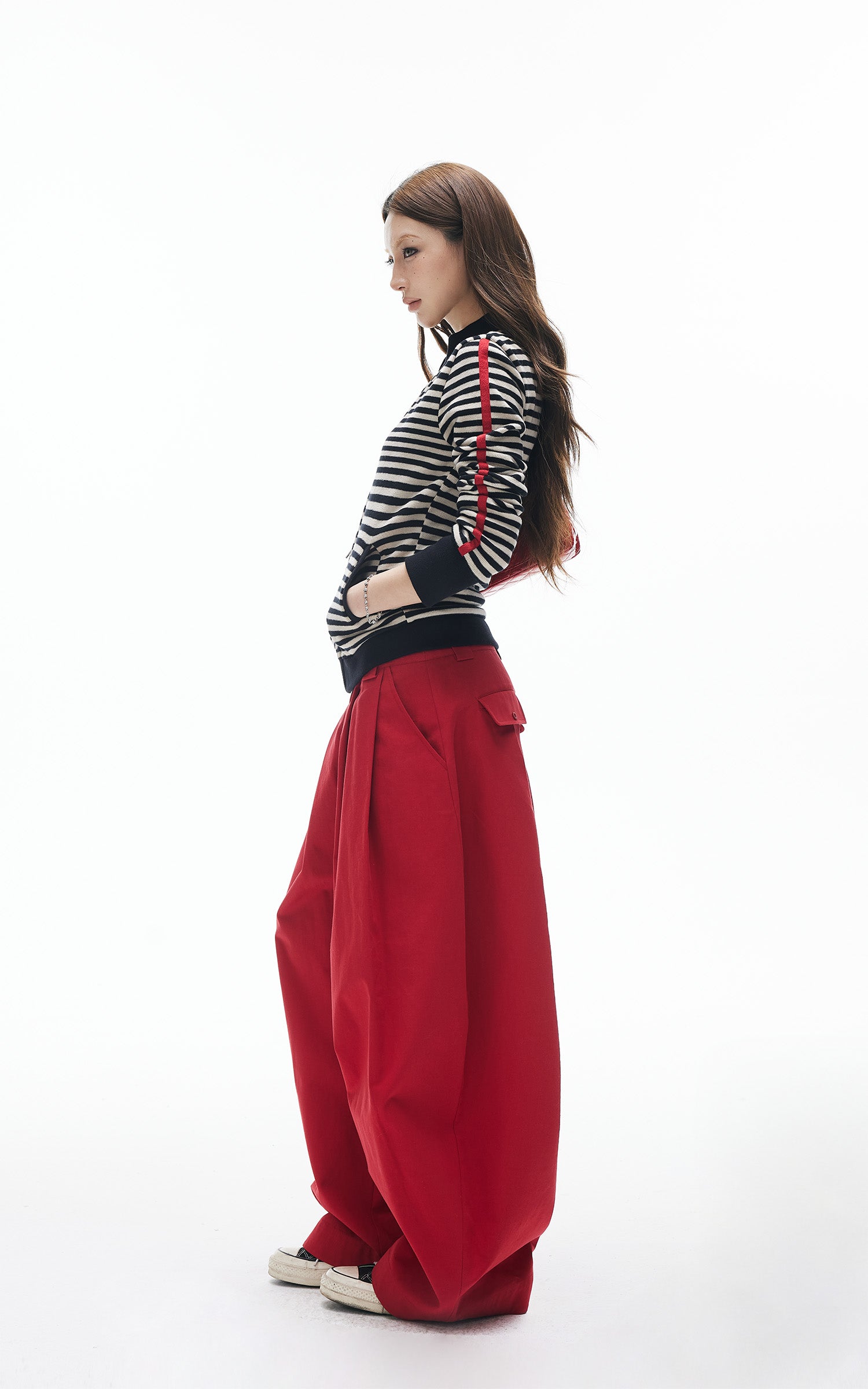 IAMXIAA Pantalon large plissé taille haute