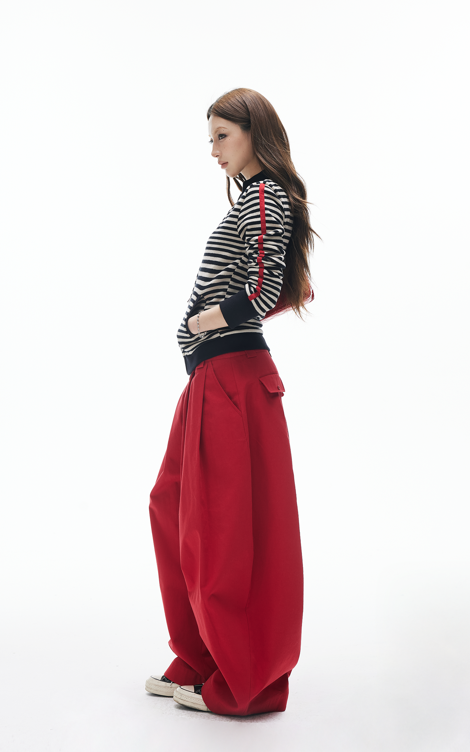 IAMXIAA Pantalon large plissé taille haute