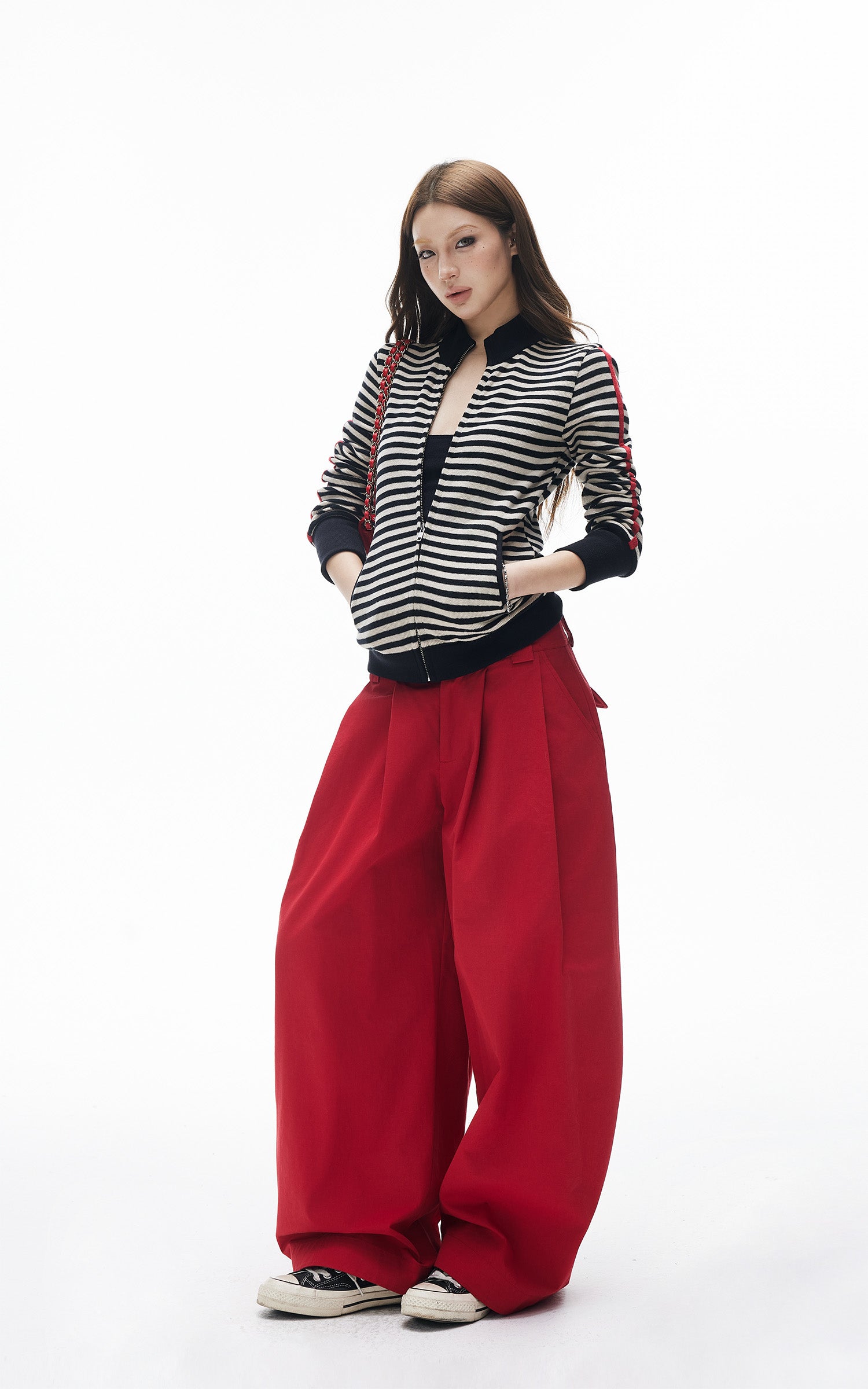 IAMXIAA Pantalon large plissé taille haute