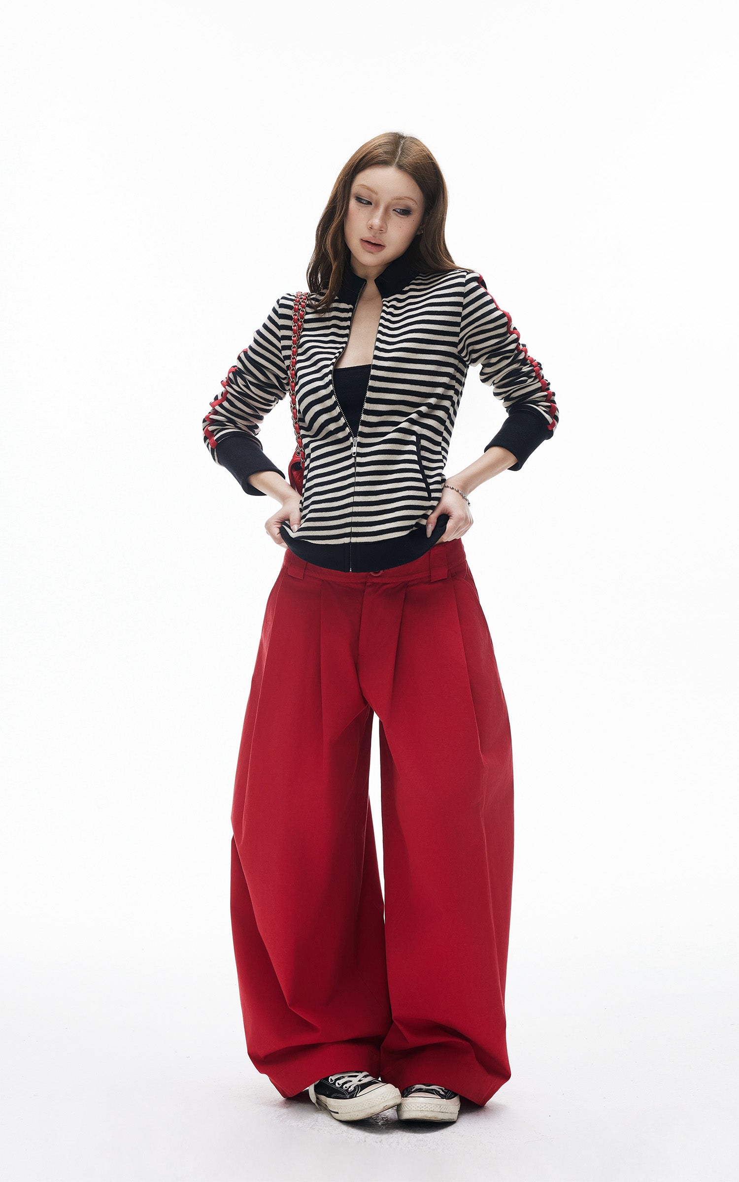 IAMXIAA Pantalon large plissé taille haute