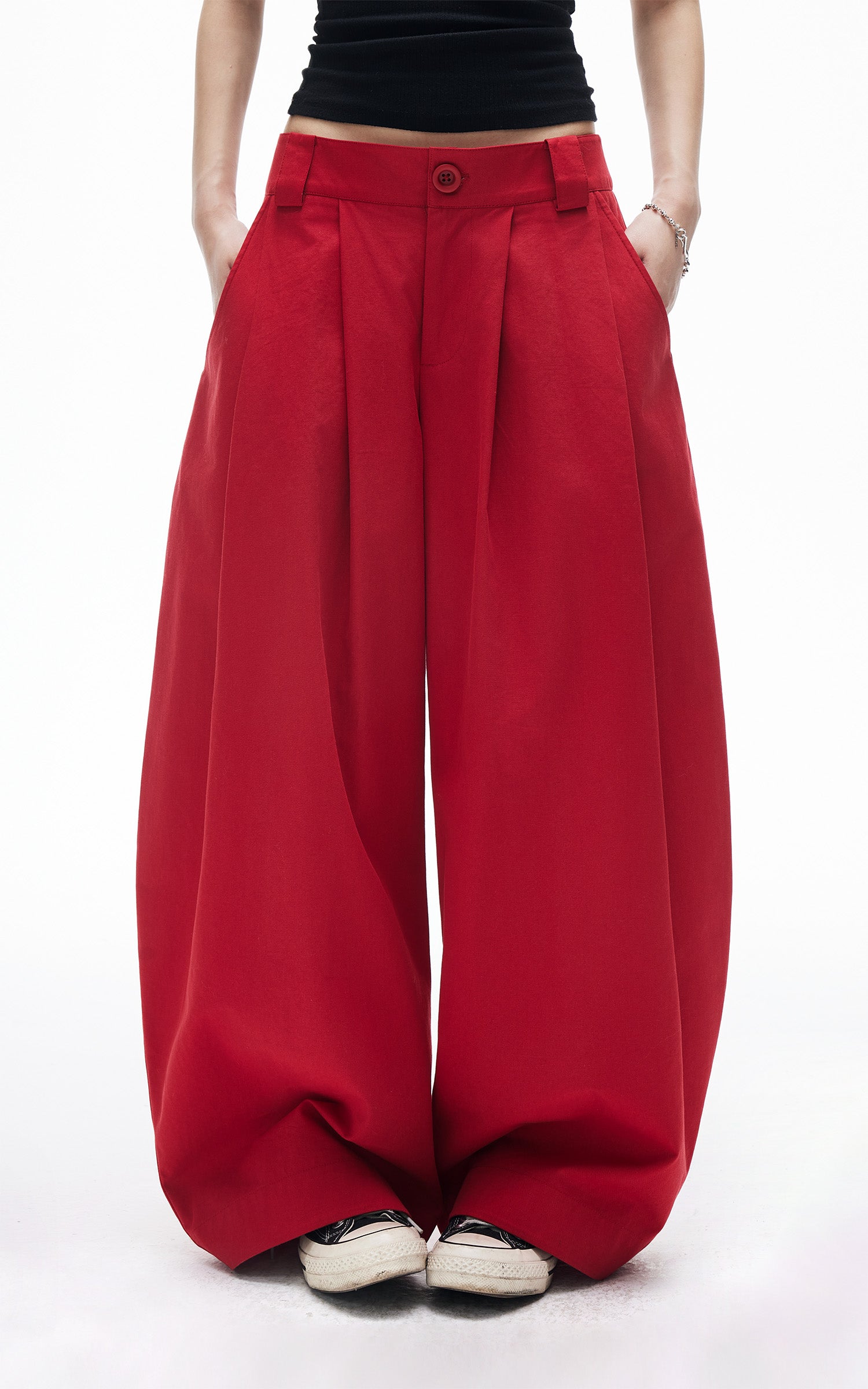 IAMXIAA Pantalon large plissé taille haute