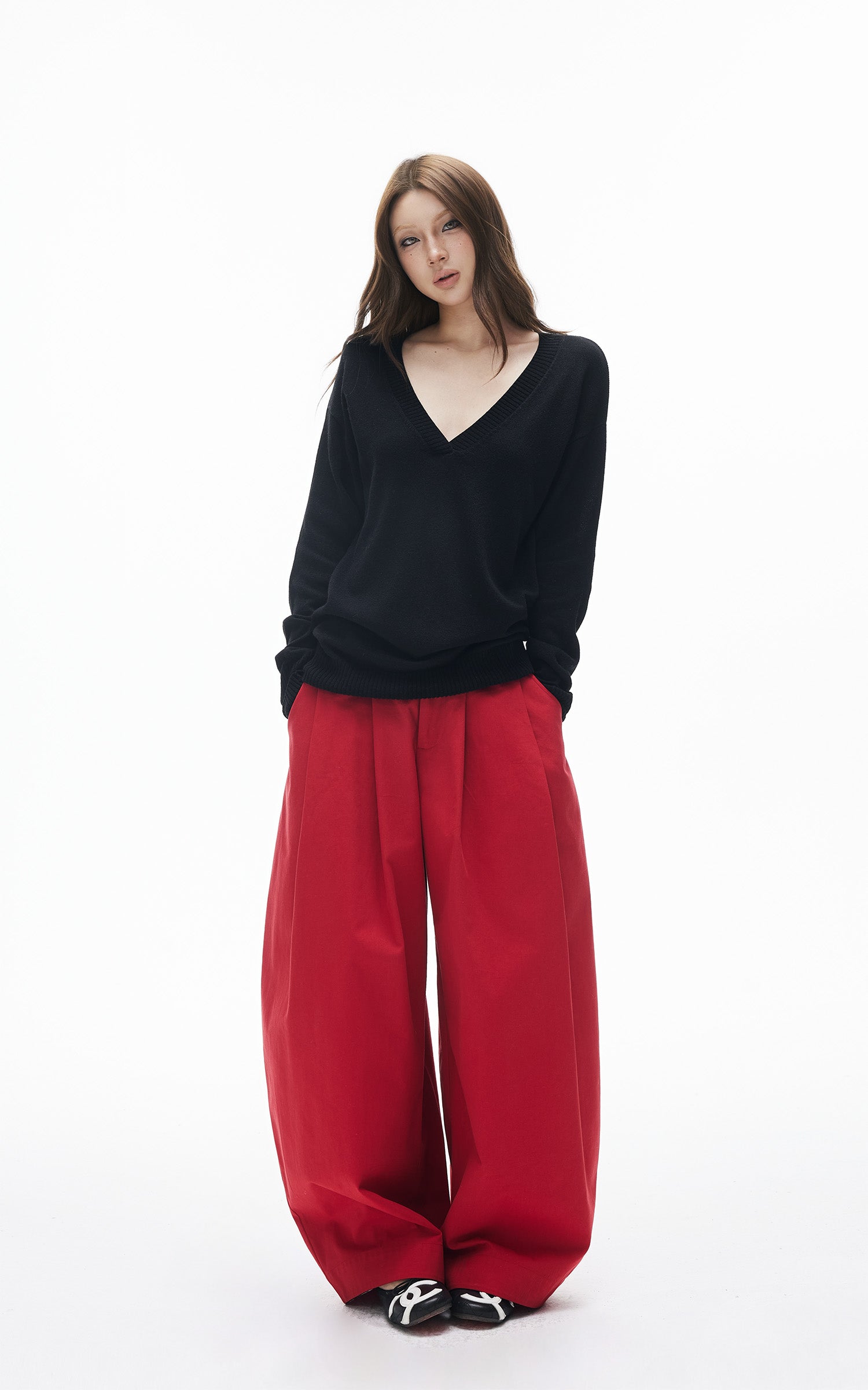 IAMXIAA Pantalon large plissé taille haute