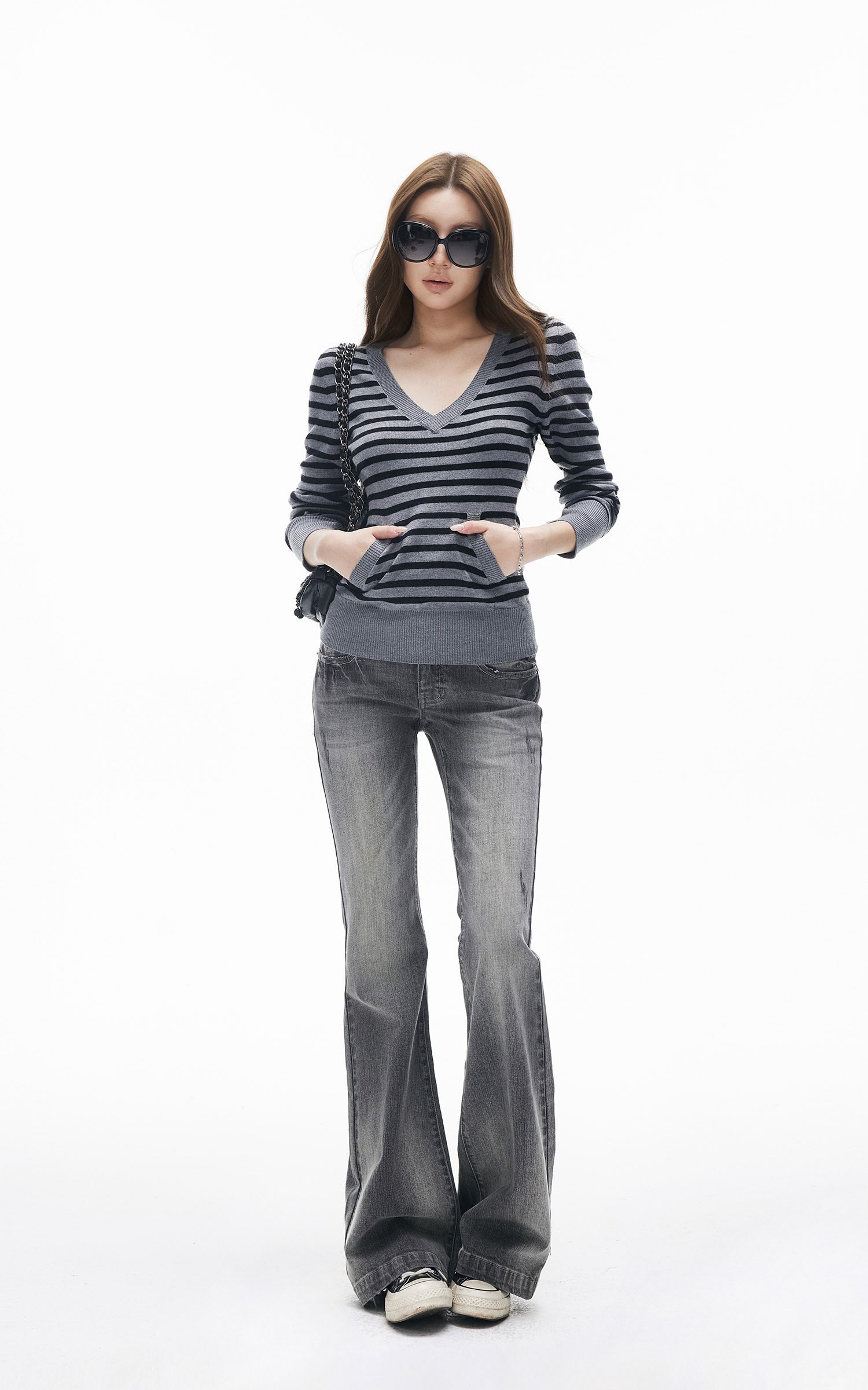 IAMXIAA Pull en maille à rayures col en V avec poches avant