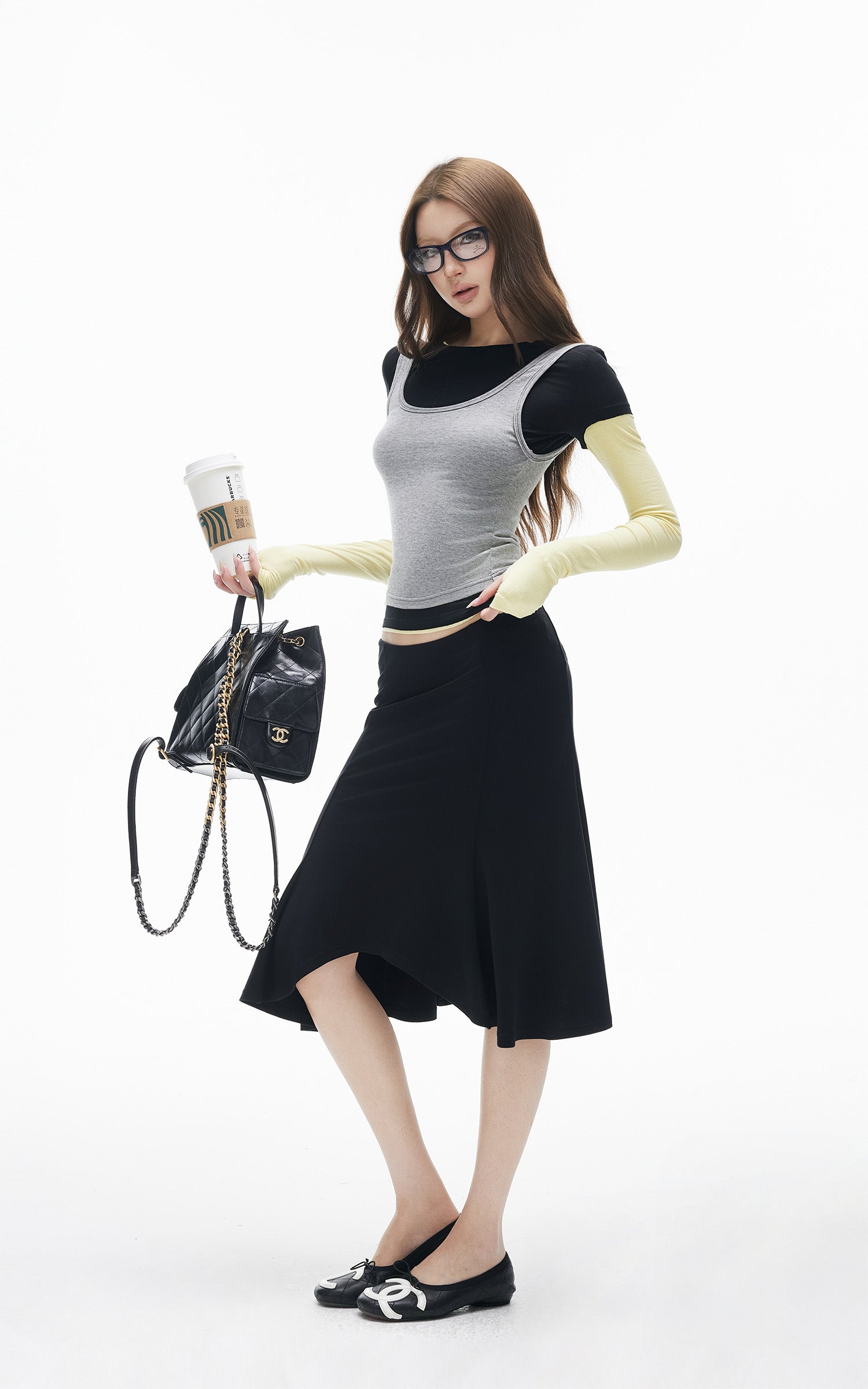 IAMXIAA 페이크 3겹 레이어드 슬림핏 긴팔 탑