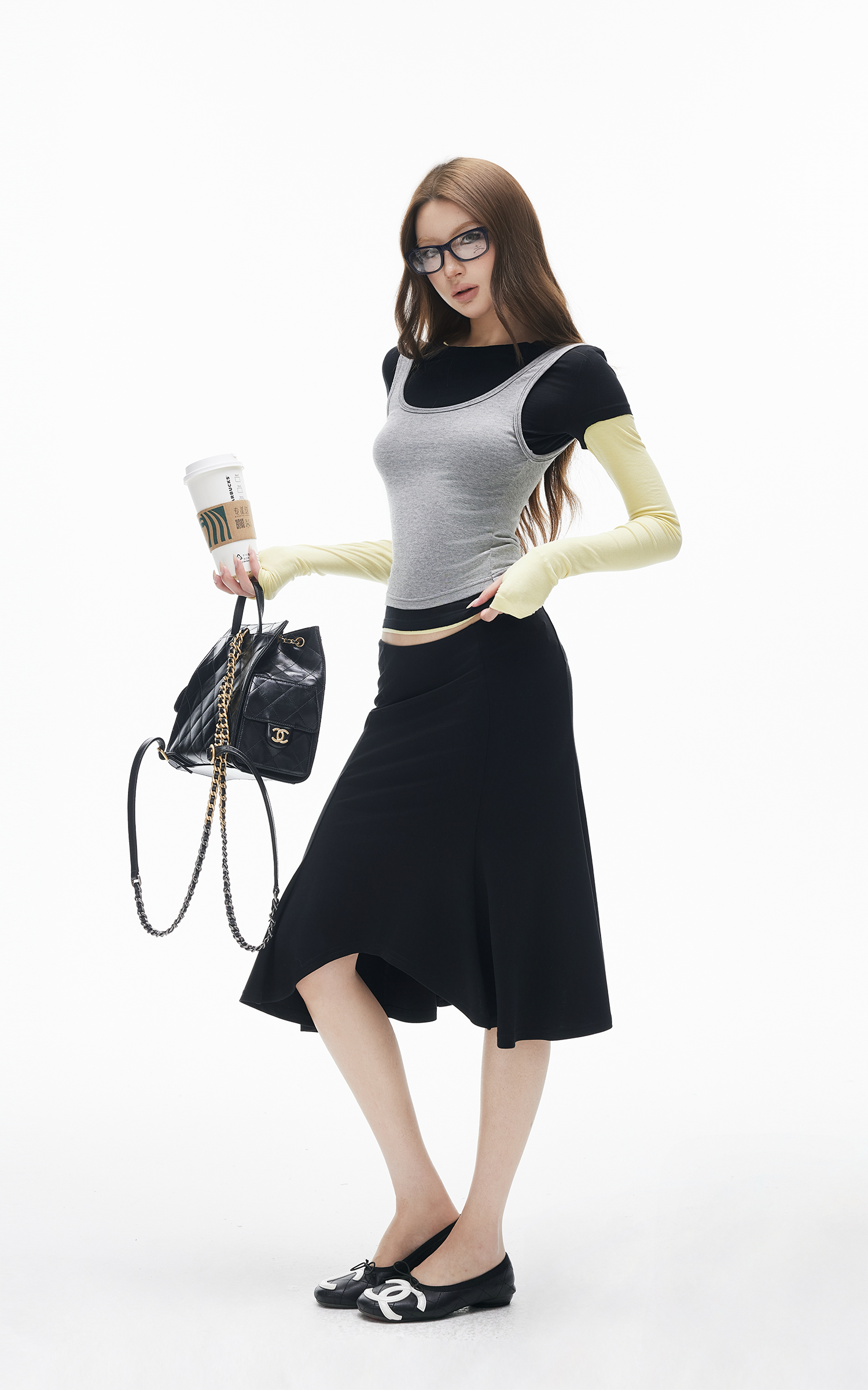 IAMXIAA 페이크 3겹 레이어드 슬림핏 긴팔 탑